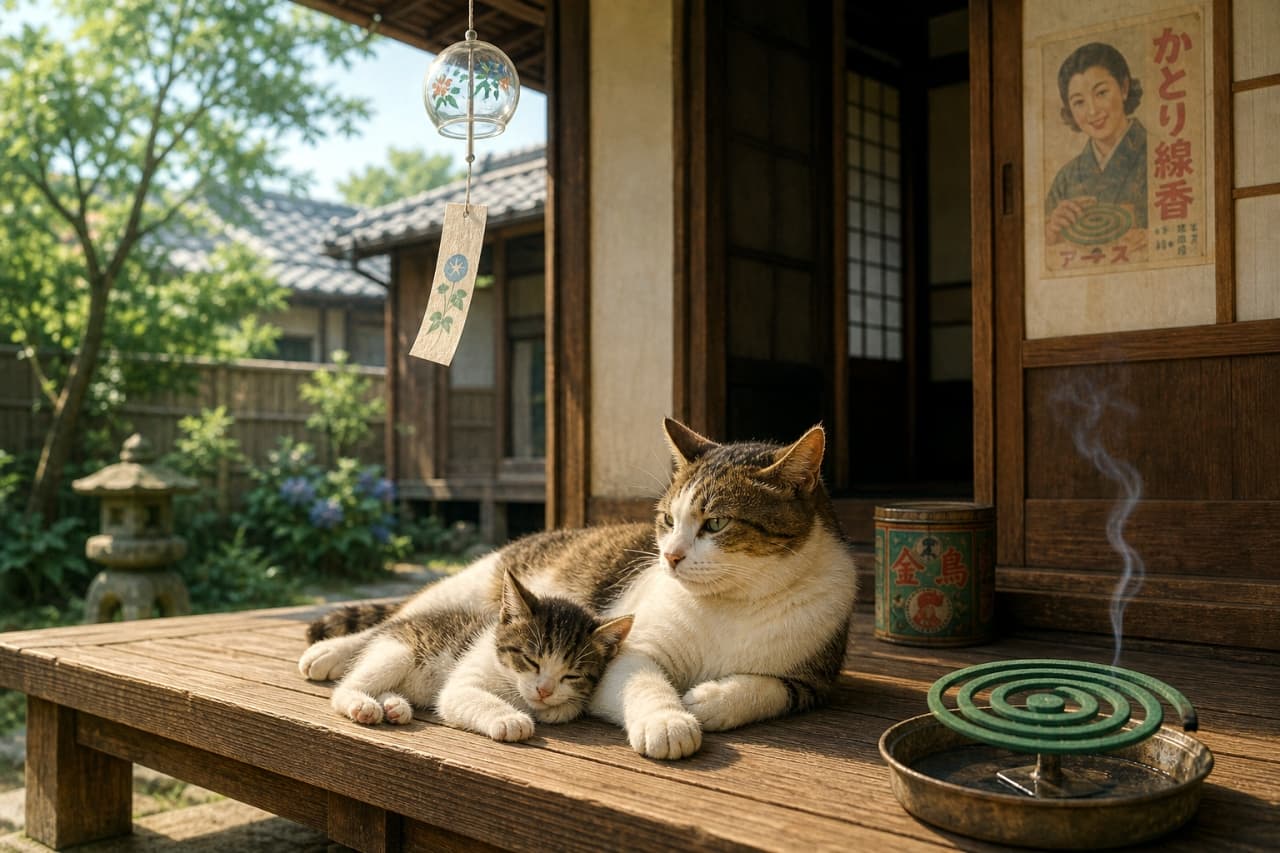 「日本の夏、猫の夏🌻 縁側で風鈴の音を聞きながら、仲良く夕涼みをする親子猫です🐈🐾 #縁側 #日本の夏」Ultra-realistic high-quality photograph of a mother cat and kitten relaxing on a wooden porch near a smoking mosquito coil and a wind chime in Japanese summer. 夏の縁側で、煙を上げる蚊取り線香と風鈴のそばで寄り添ってくつろぐ親子のキジ白猫