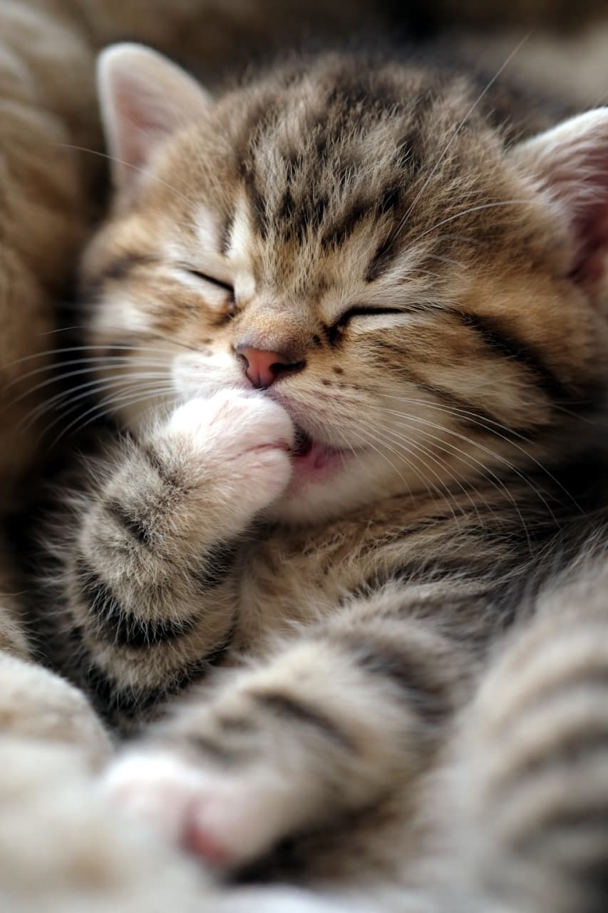 「おててをおしゃぶりしながら爆睡中🍼 どんな美味しい夢を見ているのかな？見ているだけで癒される〜💕」An extreme close-up of a sweet tabby kitten fast asleep, contentedly sucking on its furry little paw with its eyes completely closed. 目を閉じてぐっすりと眠りながら、ふわふわの小さな前足を満足げにおしゃぶりしているキジトラの子猫の極端なクローズアップ写真