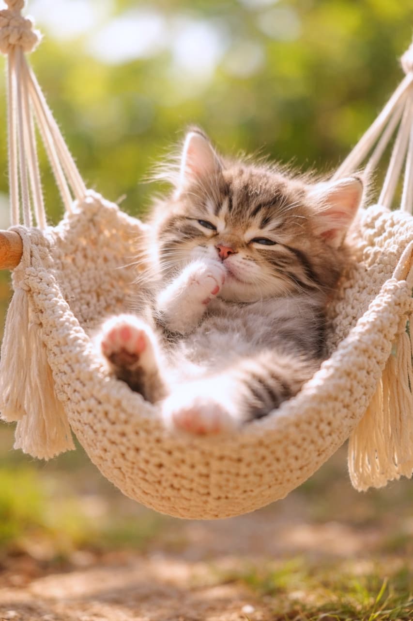 「ぽかぽか陽気で夢の中へ…🐾☀️ ハンモックでのお昼寝タイムが最高に気持ちよさそう！ #猫のいる暮らし #子猫」Ultra-realistic high-quality photograph of a fluffy kitten sleeping comfortably in a macrame hammock outdoors, bathed in sunlight, with its paw adorably resting near its mouth. 太陽の光を浴びながら、屋外のマクラメ編みハンモックで気持ちよさそうに昼寝をしているふわふわの子猫。前足を口元に当てた愛らしいポーズ