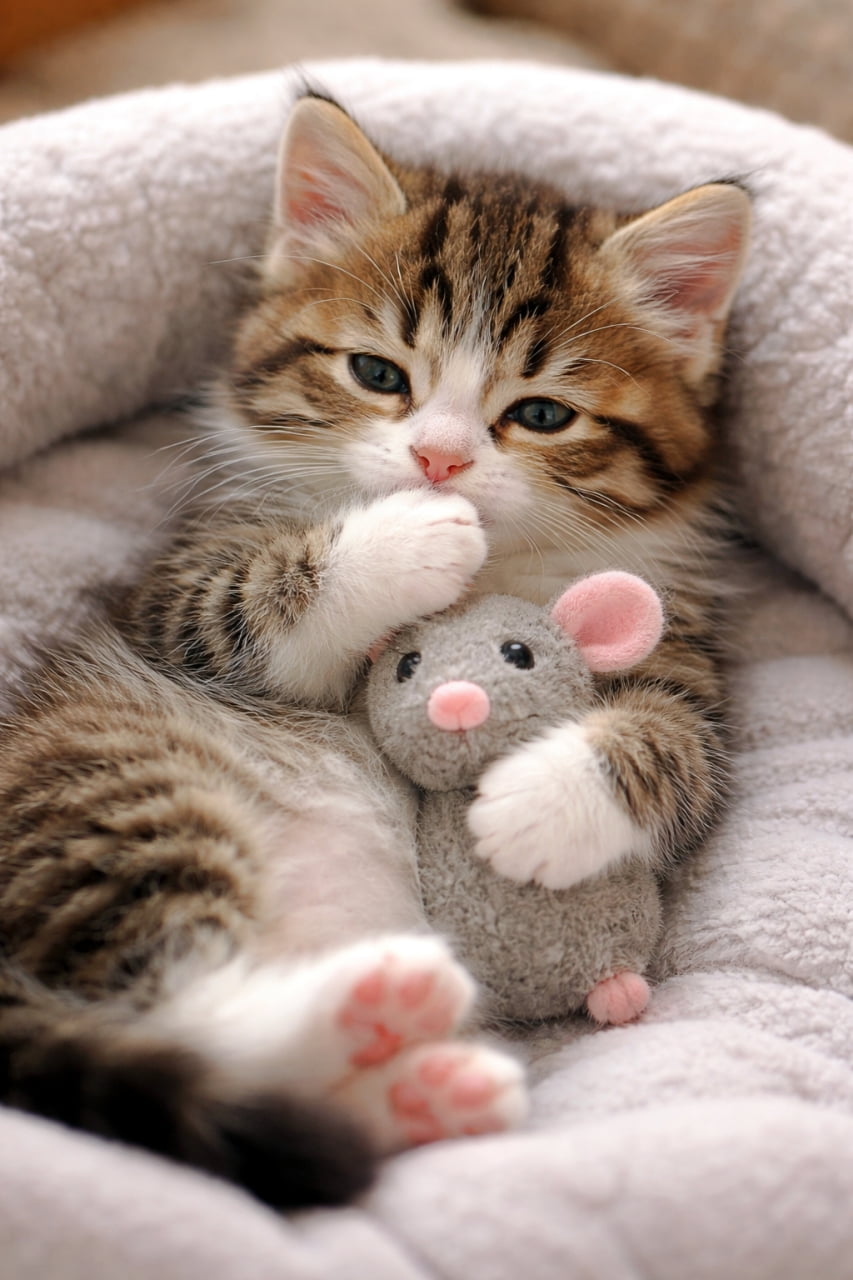 「お気に入りのぬいぐるみと一緒🐭💤 ふわふわベッドで至福のひととき♡ #猫のいる生活 #癒し画像」Ultra-realistic high-quality photograph of a cute tabby-and-white kitten relaxing in a fluffy pet bed, tightly hugging a grey mouse plush toy. ふかふかのペットベッドの中で、グレーのネズミのぬいぐるみをぎゅっと抱きしめてくつろぐキジ白の子猫