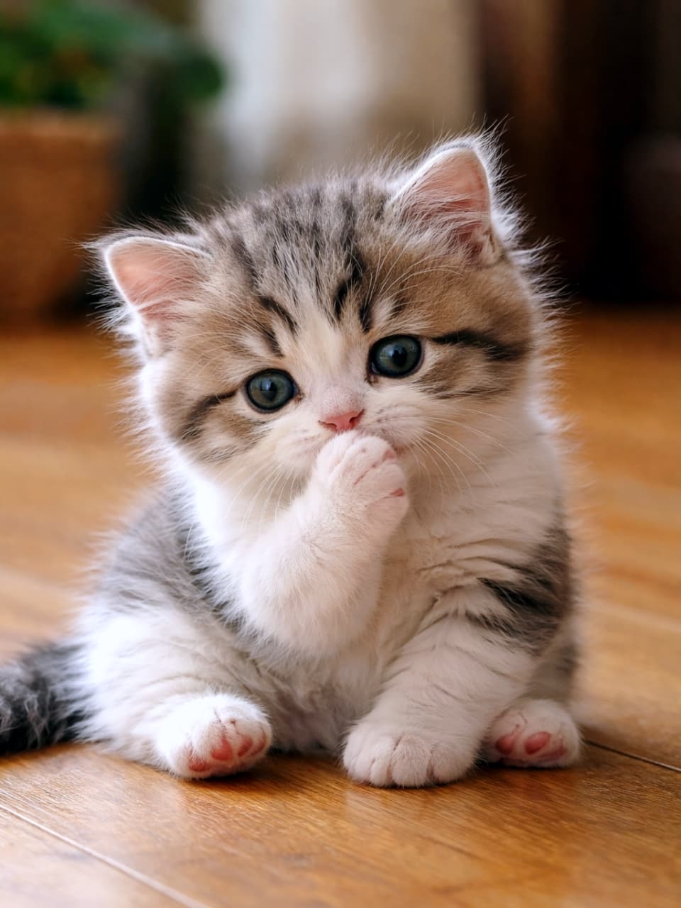 「ピンクの肉球チラ見せ🐾✨ ちょこんと座って無心にちゅぱちゅぱする姿に、一瞬で癒されます🥰」Ultra-realistic high-quality photograph of an adorable Munchkin kitten sitting on a warm wooden floor, showing its pink toe beans while sucking its paw. 木のぬくもりを感じるフローリングの上にちょこんと座り、ピンク色の肉球を見せながら前足をちゅぱちゅぱと吸っている可愛らしいマンチカン子猫の高画質写真