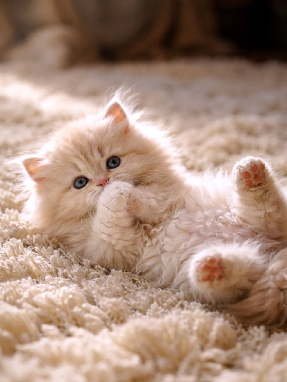 「ふわもこラグでゴロゴロタイム🐾 上目遣いでおててをアムアム…これはもう反則級の可愛さ！👼✨」A very fluffy cream-colored kitten lying on its back on a thick, shaggy white rug, looking directly at the camera with big blue eyes while holding its paws near its chin. 毛足の長いふかふかの白いラグの上に仰向けに寝転がり、大きな青い瞳でカメラをじっと見つめながら、前足を顎の近くに添えている、非常に毛並みの豊かなクリーム色の子猫