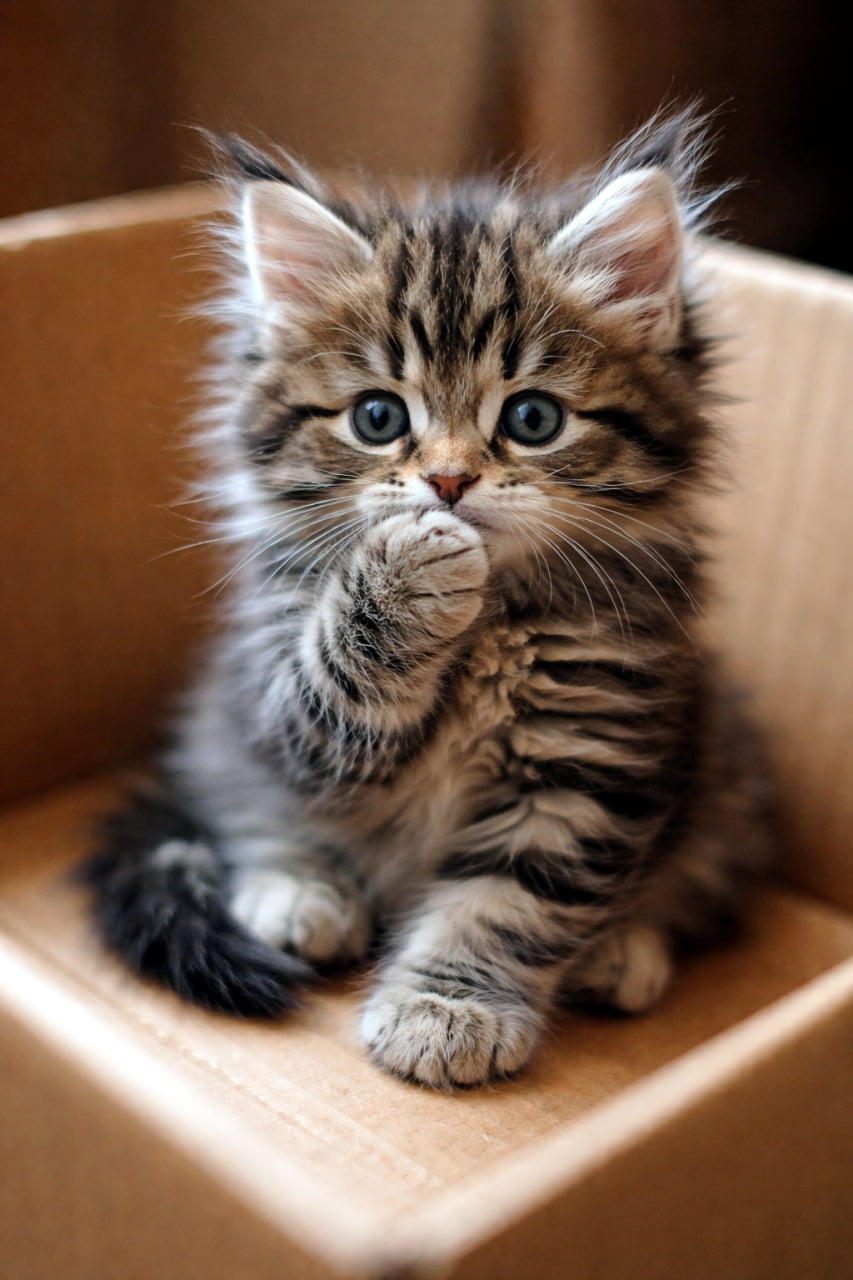 「箱入り娘（息子）にゃんこ📦✨ くりくりのお目目で見つめられたらたまらない！ #猫好きさんと繋がりたい #もふもふ」Ultra-realistic high-quality photograph of a tiny Maine Coon kitten sitting inside a cardboard box, looking directly at the camera with its paw near its mouth. 段ボール箱の中に座り、こちらをじっと見つめている毛足の長いもふもふのメインクーンの子猫。前足を口元に添えた仕草が可愛らしい