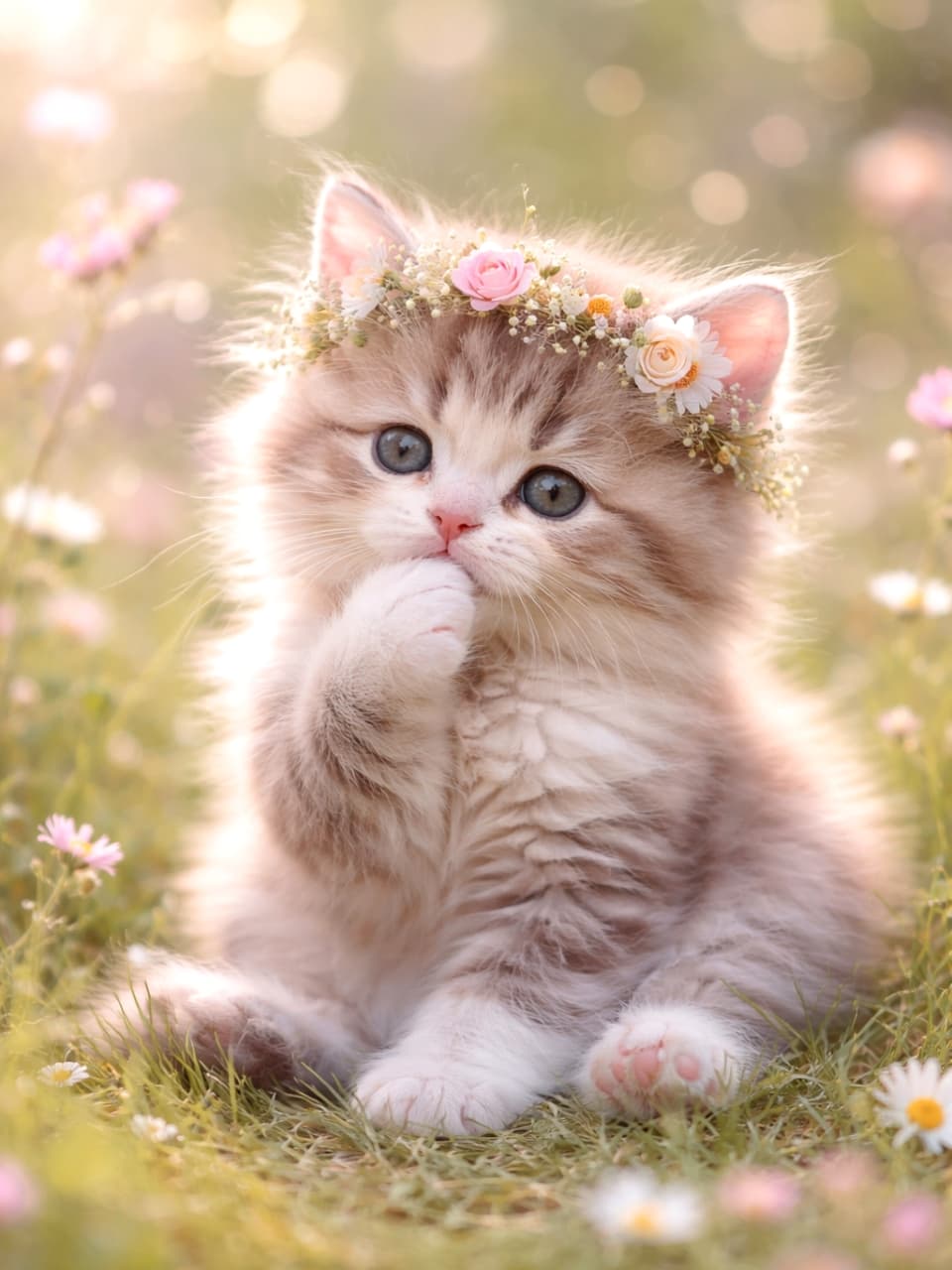 「お花の冠をかぶった森の小さな妖精さん🌸 ポカポカ陽気の中で日向ぼっこ、まるでおとぎ話の世界だね🧚‍♀️✨」A fluffy kitten sitting in a sunlit green meadow surrounded by small wildflowers, wearing a beautiful floral crown and chewing on its paw. 暖かな日差しが差し込む緑の草原で、美しい花の冠を頭にのせ、小さな野花に囲まれながら前足を舐めているふわふわの子猫