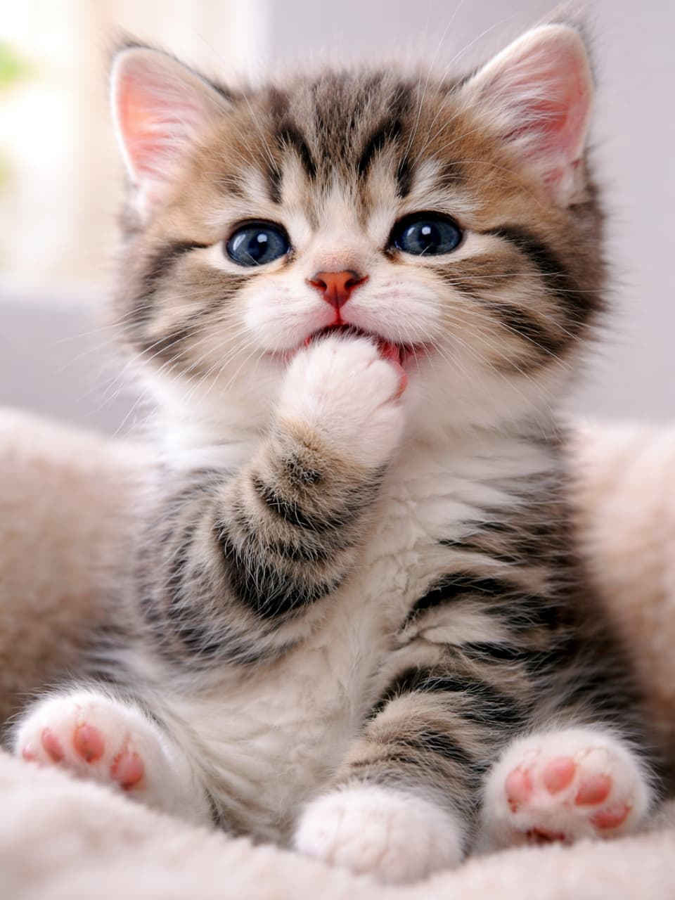 「おててをペロペロ舐める姿がたまらない🐾 もふもふの毛並みとクリクリのお目々にキュンとしちゃうね💖」A close-up portrait of a fluffy tabby kitten with big blue eyes, sitting on a soft beige blanket and cutely sucking on its front paw. 大きな青い目をしたふわふわのキジ白の子猫が、柔らかいベージュの毛布の上に座り、前足を可愛らしく舐めているクローズアップ写真