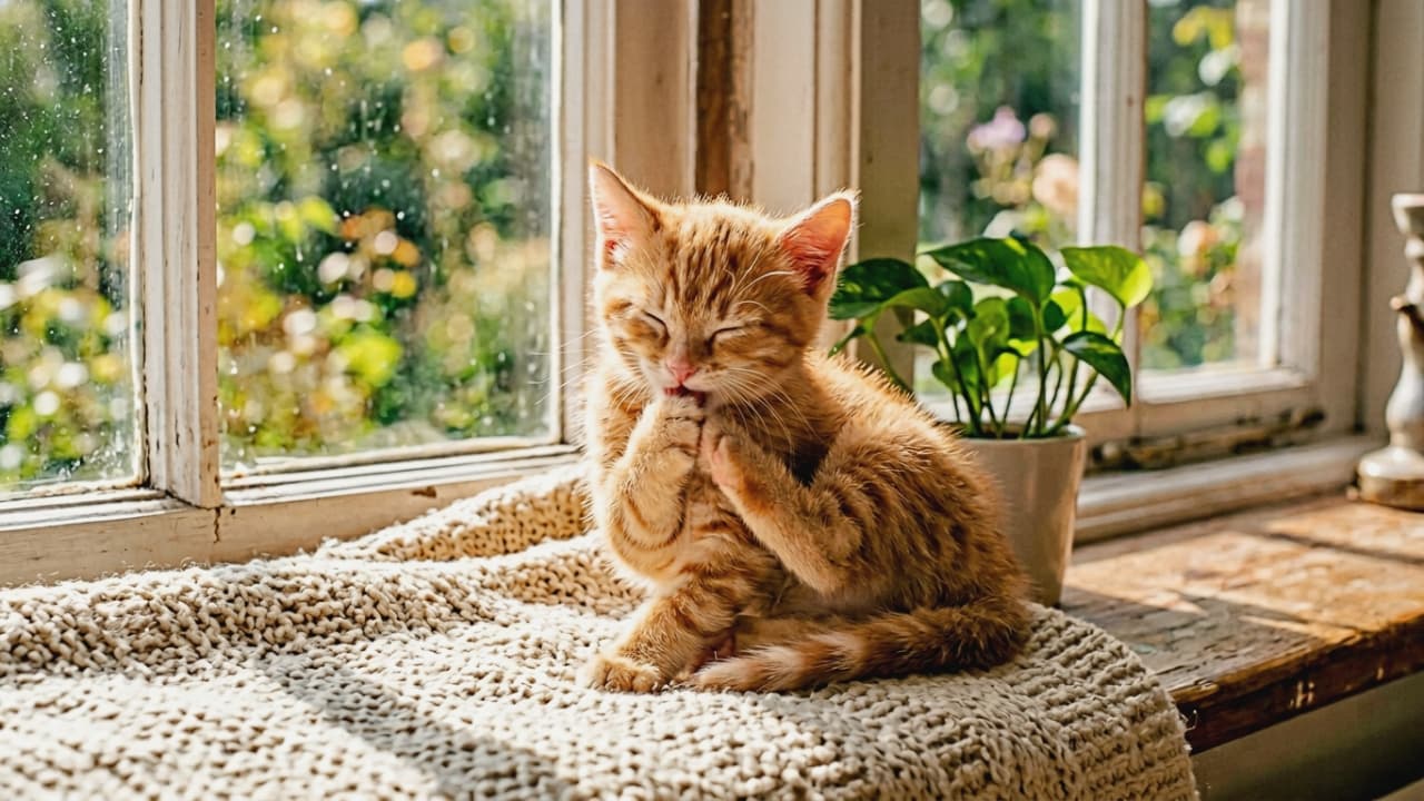 「窓辺でひなたぼっこしながらちゅぱちゅぱ🐾🌿 グリーンのある暮らしと茶トラちゃんの相性抜群です🐈✨」Ultra-realistic high-quality photograph of a ginger tabby kitten sitting on a knit blanket by a window with a potted plant, sucking its paw. 緑豊かな庭が見える窓辺のニットの上に座り、横に小さな観葉植物を添えて、前足をちゅぱちゅぱと吸っている茶トラの子猫の高画質写真