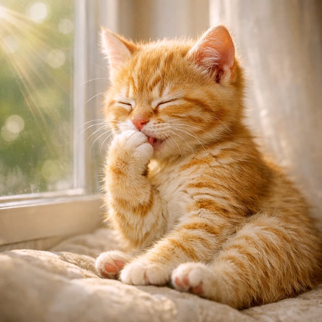 「ポカポカ陽だまりでちゅぱちゅぱ☀️ 太陽の光に包まれて夢の中へ…天使のような茶トラちゃんです👼🧡」Ultra-realistic high-quality photograph of a ginger tabby kitten bathed in warm golden sunlight by a window, sucking its paw with a blissful expression. 窓辺に差し込む暖かな金色の陽光を浴びながら、目を閉じて至福の表情で前足をちゅぱちゅぱと吸っている茶トラの子猫の高画質写真