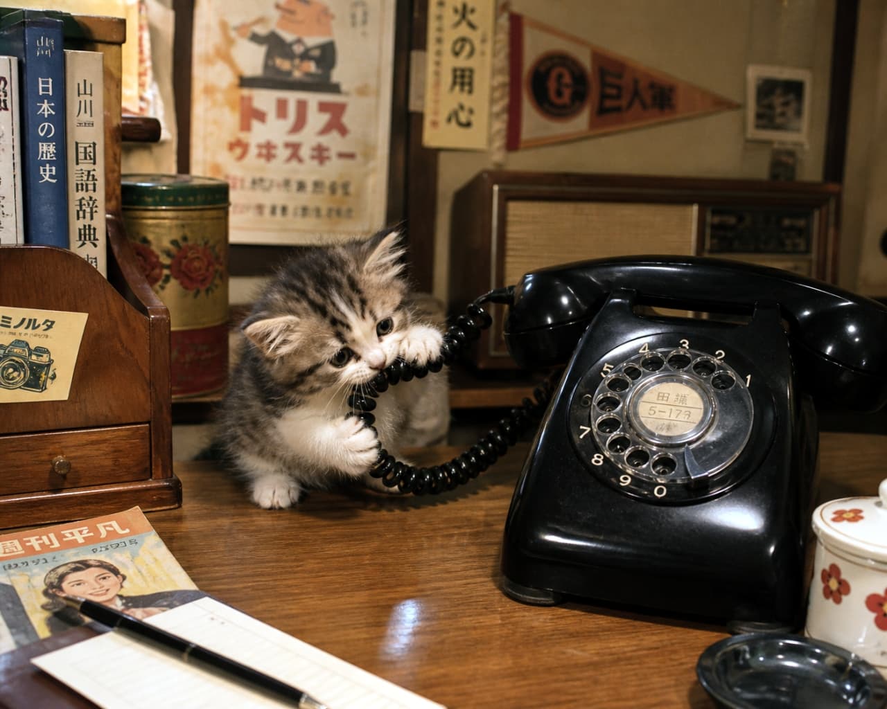 「もしもし、猫ですが📞？黒電話のコードが気になって仕方ない、やんちゃな子猫ちゃんです🐈✨ #子猫 #黒電話」Ultra-realistic high-quality photograph of a cute tabby kitten biting the coiled cord of a vintage black rotary phone on a wooden desk. レトロな黒電話のくるくるしたコードを両手で掴んで噛んで遊んでいるキジトラの子猫。背景には古い辞書やポスターが見える