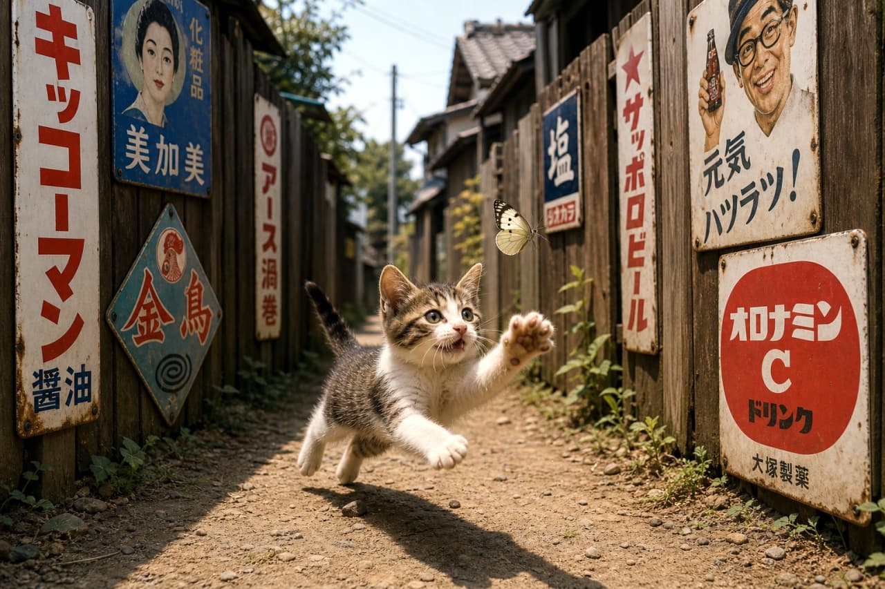 「見つけたニャ！🦋昭和の面影が残る路地裏で、蝶々に夢中な子猫ちゃん。懐かしい看板に囲まれて、元気に遊んでいます✨」Ultra-realistic high-quality photograph of a playful tabby and white kitten jumping to catch a butterfly in a narrow alley lined with vintage Japanese enamel signs. 昭和レトロなホーロー看板が並ぶ板塀の路地で、ひらひらと舞う蝶を捕まえようとジャンプする元気なキジ白の子猫。背景には古い日本家屋が並んでいる