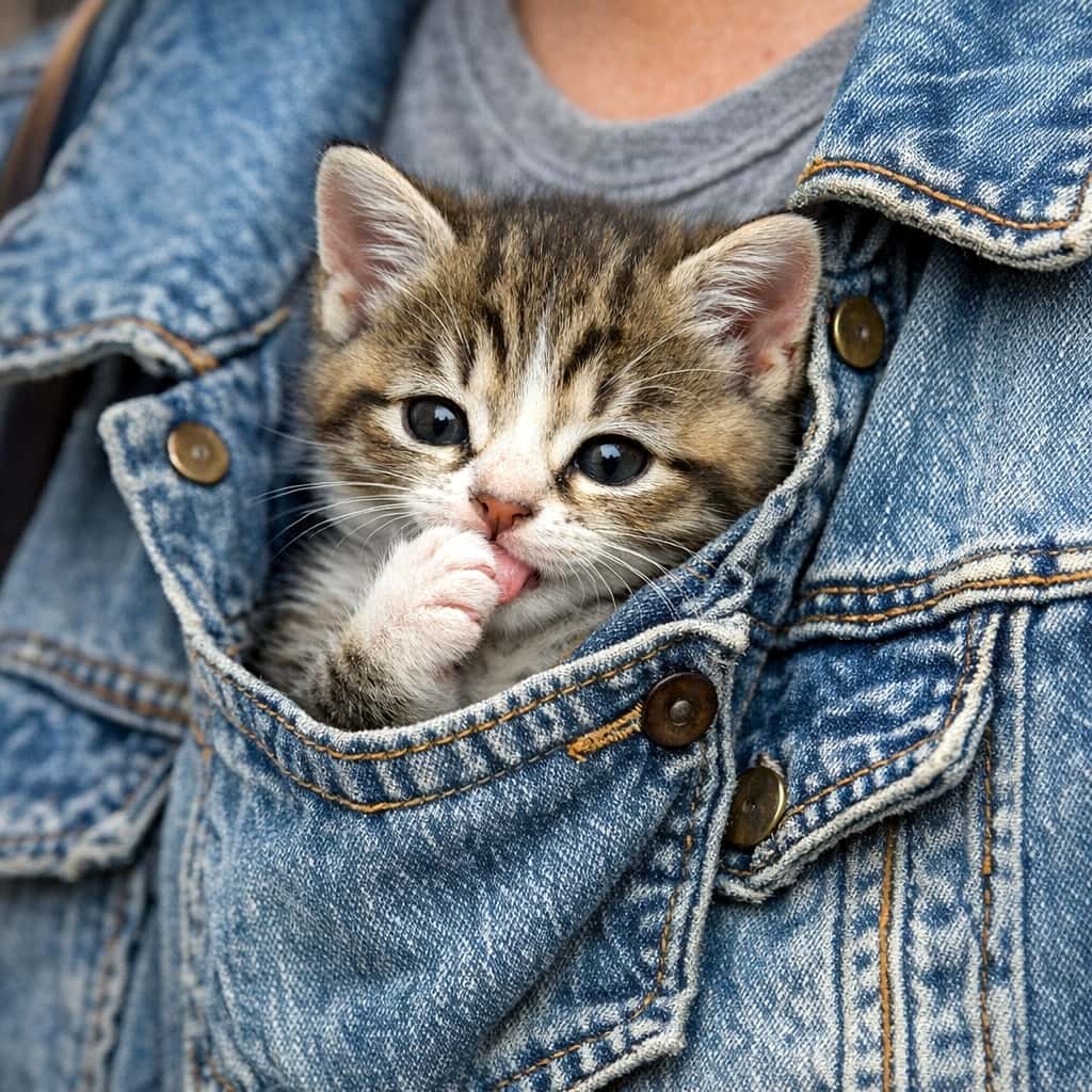 「デニムのポケットにすっぽり収まるサイズ感が最高にキュート👖🐾 一緒にお出かけしたくなっちゃうね！」A very small tabby kitten looking out from the chest pocket of a blue denim jacket while adorably sucking on its tiny front paw. 青いデニムジャケットの胸ポケットから顔を出し、小さな前足を可愛らしくおしゃぶりしているキジ白の子猫