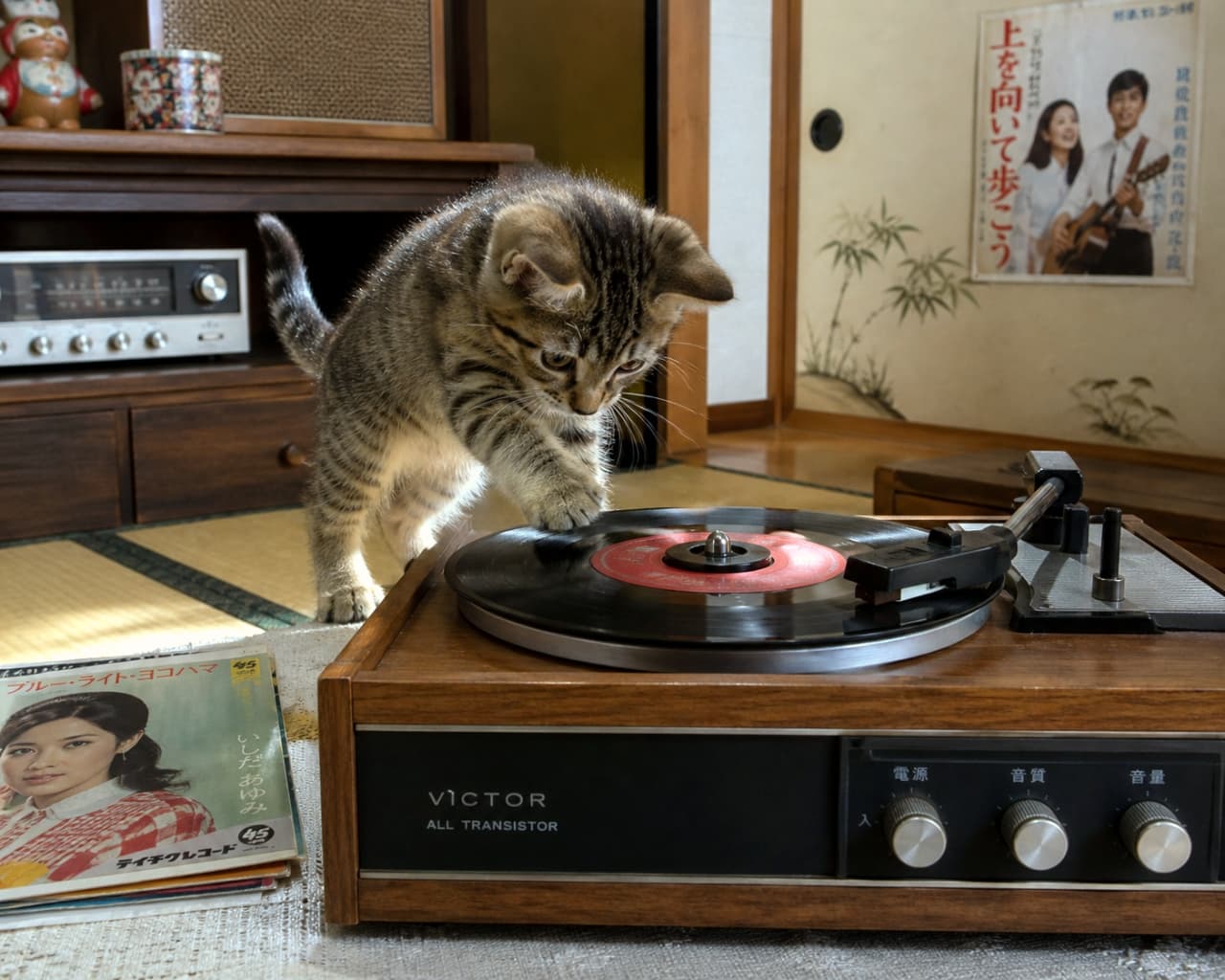 「今日のDJは僕に任せて！💿 レコードのくるくる回る動きから目が離せない子猫ちゃんです🐈🎵 #レコード #昭和歌謡」Ultra-realistic high-quality photograph of a tabby kitten putting its paw on a spinning vinyl record on a vintage wooden turntable. 木目調のレトロなレコードプレーヤーに前足を乗せ、回転するレコード盤を不思議そうに見つめるキジトラの子猫