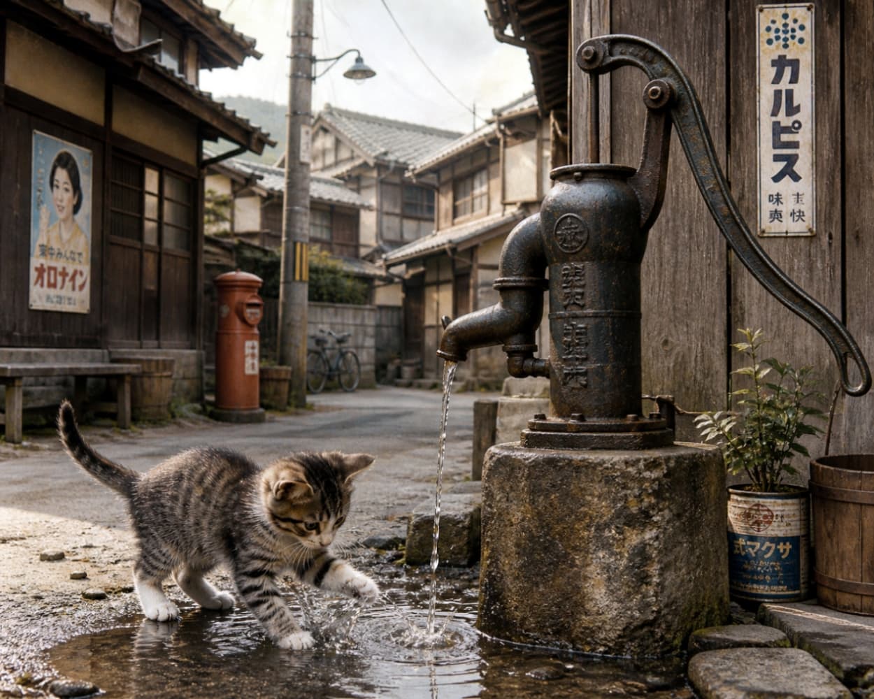 「これ、動くニャ…？💧手押しポンプからこぼれたお水に興味津々の子猫ちゃん。お外には不思議がいっぱいです🐾」Ultra-realistic high-quality photograph of a kitten curiously touching a puddle of water from an old-fashioned hand pump in a retro Japanese neighborhood. 昼下がりの昭和の街角。古い手押しポンプから流れる水で作られた水溜りを、不思議そうに前足でつんつんする子猫。背景には赤いポストや「カルピス」の看板が見える