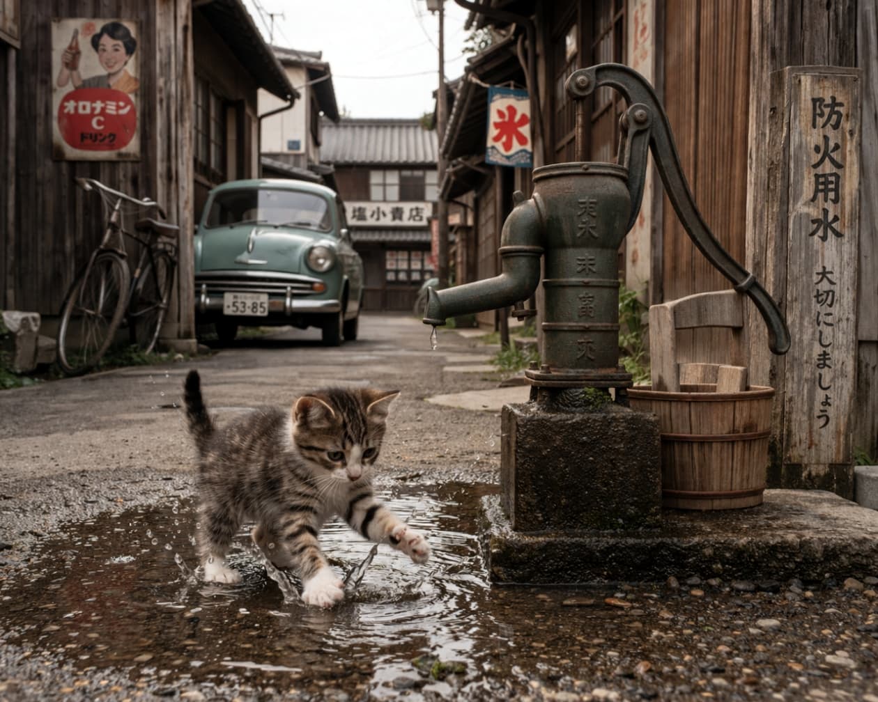 「雨上がりの水遊び、楽しいニャ！🐾夕暮れの路地裏、古い車が停まる静かな街角で、自分だけの冒険を楽しむ子猫ちゃん✨」Ultra-realistic high-quality photograph of a kitten playing in a puddle next to a hand pump in a retro alley, with a vintage car parked in the background. 少し日が陰り始めた夕方の路地。手押しポンプの横にある大きな水溜りで遊ぶ子猫。背景には当時の古い乗用車や「氷」の旗が配置され、しっとりとした質感の情景