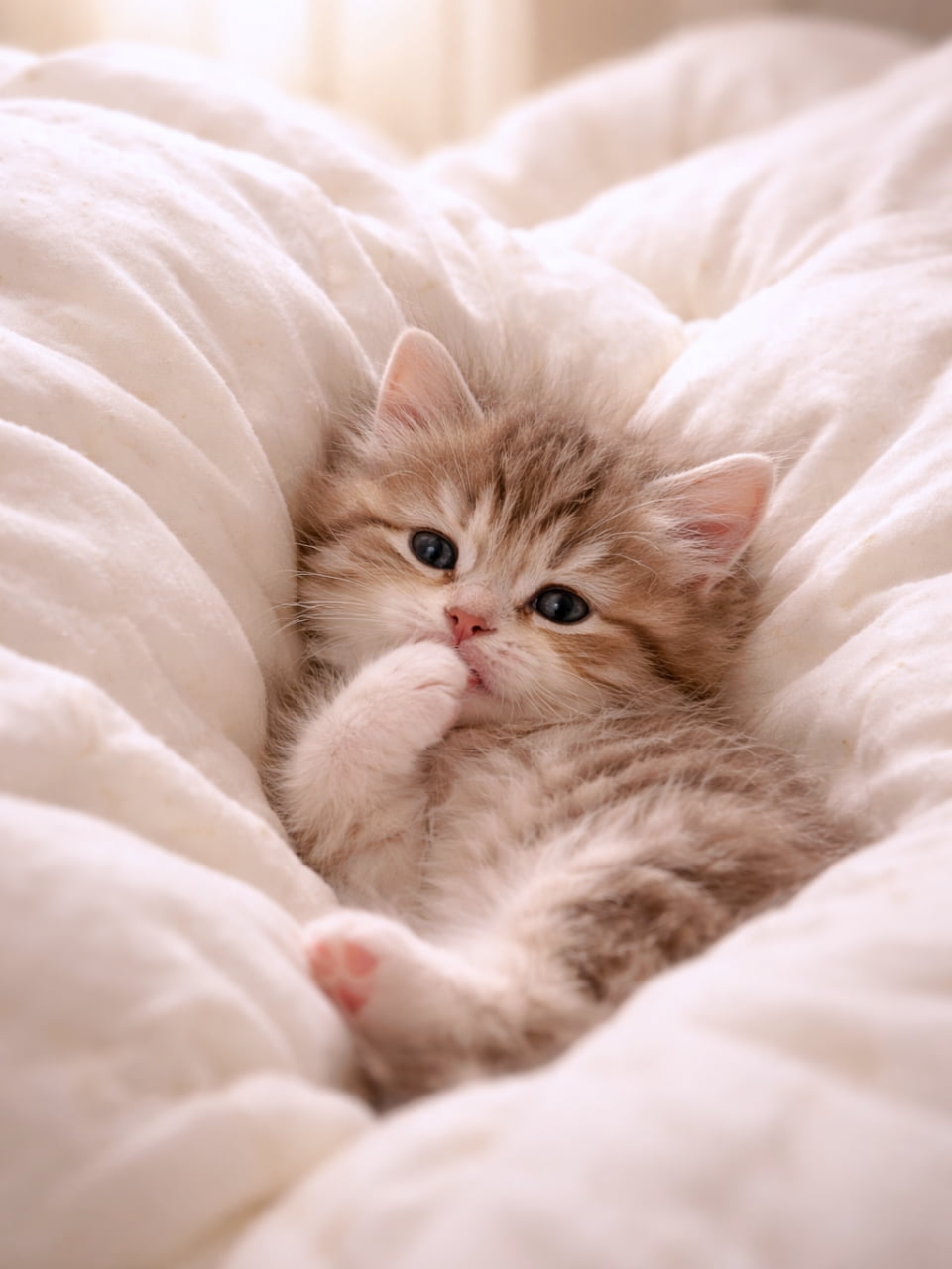 「ふっかふかのお布団に埋もれて幸せいっぱい☁️ 上目遣いで見つめられたら、もうメロメロになっちゃうね😍」A cute, fluffy kitten lying playfully on its back nestled in soft, thick white pillows and blankets, looking directly at the camera while chewing its paw. 厚手で柔らかい真っ白な枕や毛布に埋もれるようにして仰向けに寝転がり、前足を舐めながらこちらを見つめているふわふわの子猫