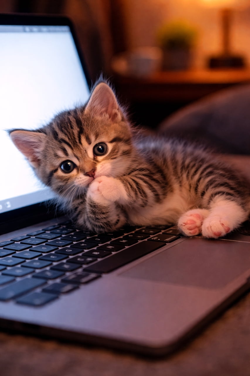「「お仕事、まだ終わらないにゃ？」💻🐾 こんなお邪魔虫なら大歓迎かも！？ #猫アルアル #リモートワーク」Ultra-realistic high-quality photograph of a kitten resting on a laptop keyboard in a dimly lit room at night, illuminated by the glowing screen. 夜の薄暗い部屋で、光るノートパソコンのキーボードの上に乗り、前足を口元に当ててこちらを見つめる子猫