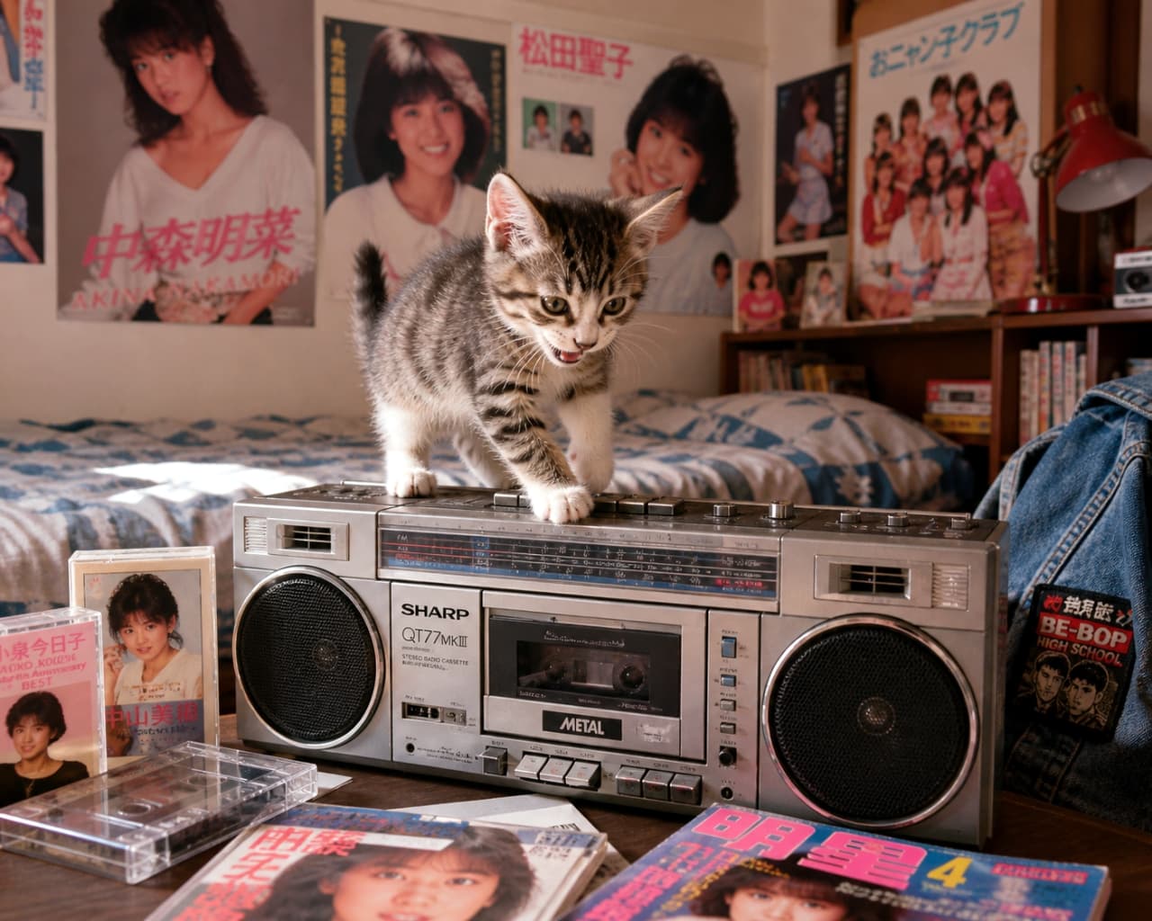 「80年代へタイムスリップ！⏰ ラジカセの上で元気いっぱいに歌うアイドル猫ちゃん爆誕です🐈🎤✨ #80年代 #ラジカセ」Ultra-realistic high-quality photograph of a tabby kitten standing on a large silver retro boombox and meowing, surrounded by 1980s idol posters and cassette tapes. シルバーの大きなレトロなラジカセの上に乗り、口を開けて鳴いているキジトラの子猫。背景には80年代アイドルのポスターやカセットテープがある
