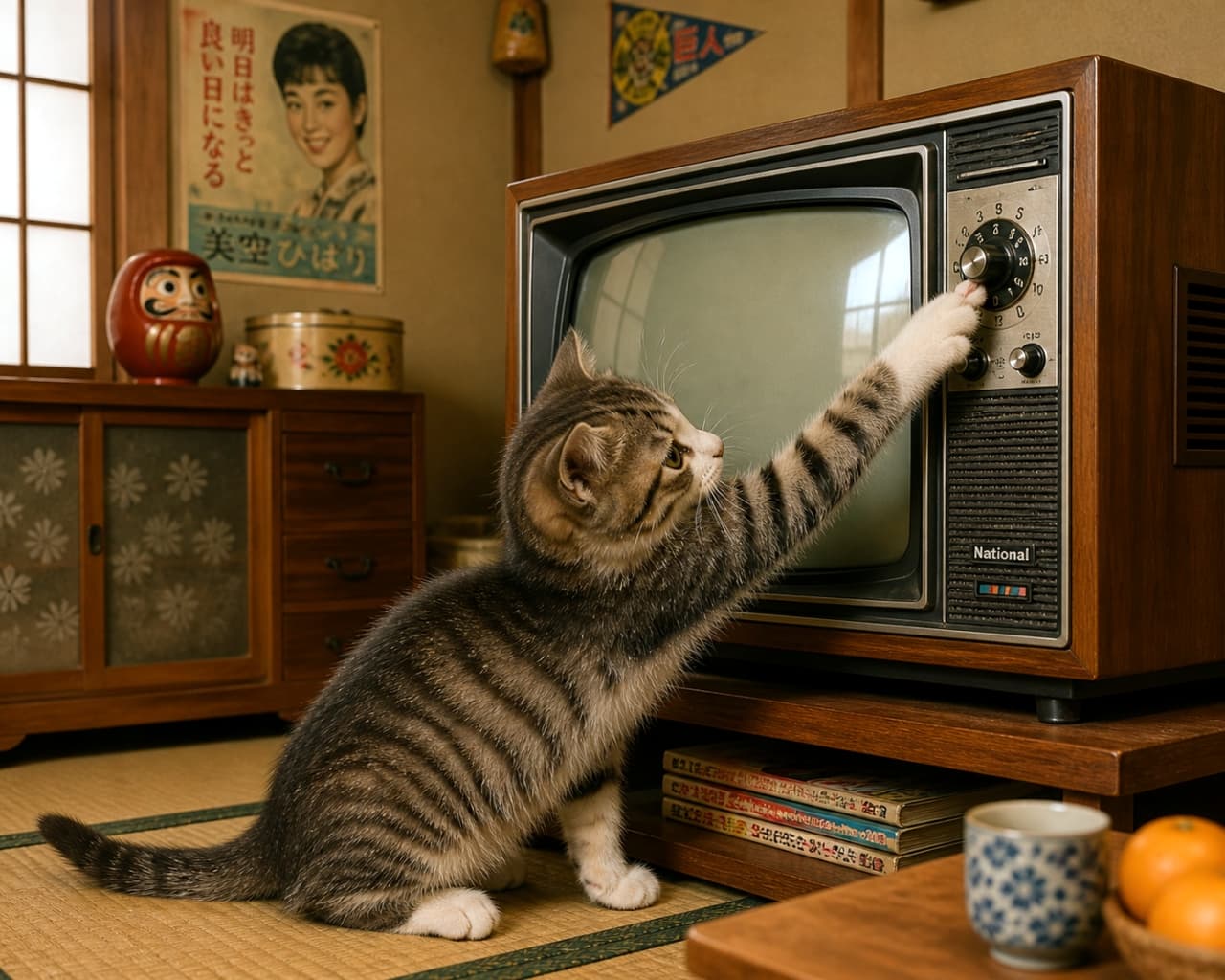 「「次はどの番組を見ようかな？」📺 チャンネルを回す手つきがいっちょ前な子猫ちゃんです🐾✨ #ブラウン管テレビ #猫画像」Ultra-realistic high-quality photograph of a tabby kitten reaching up to turn the dial of a vintage wooden tube TV in a Japanese room. 和室に置かれた木目調のブラウン管テレビのダイヤル式チャンネルに前足を伸ばして回そうとしているキジトラの子猫