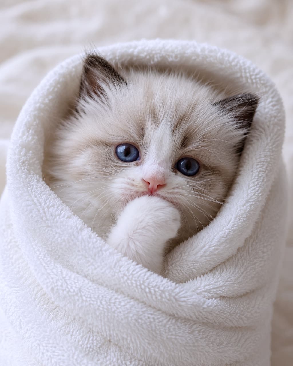 「おくるみ猫ちゃんの破壊力…!👼🍼 宝石みたいなブルーの瞳で見つめられたらメロメロ間違いなし💙 #ラグドール #猫のいる幸せ #子猫のいる生活 #猫好きさんと繋がりたい #猫のいる暮らし #子猫」Ultra-realistic high-quality photograph of a Ragdoll kitten wrapped snugly in a fluffy white towel like a burrito. Only its head and one paw are visible as it sucks its paw, surrounded by soft, bright lighting that highlights its angelic, innocent charm. 美しいサファイアブルーの瞳とハチワレ模様を持つラグドールの子猫が、白いふわふわのタオルに「おくるみ」のようにすっぽりと包まれ、片方の前足だけを出して吸っている超高画質写真。明るく柔らかな光に包まれ、まるで天使のような純粋無垢な可愛らしさを存分に表現