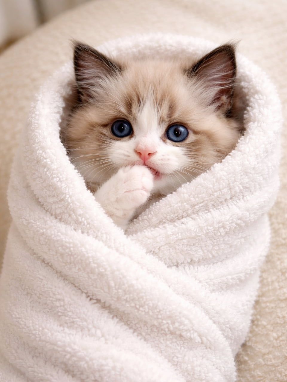 「まるでおくるみ🍼💕 真っ白タオルからお顔を出してちゅぱちゅぱする、ブルーアイの子猫ちゃんです👀✨」Ultra-realistic high-quality photograph of a Ragdoll kitten with beautiful blue eyes sucking its paw while snugly wrapped in a clean white towel. 清潔感のある真っ白なタオルにすっぽりと包まれ、美しい青い瞳を見開きながら前足をちゅぱちゅぱと吸っているラグドール子猫の高画質写真