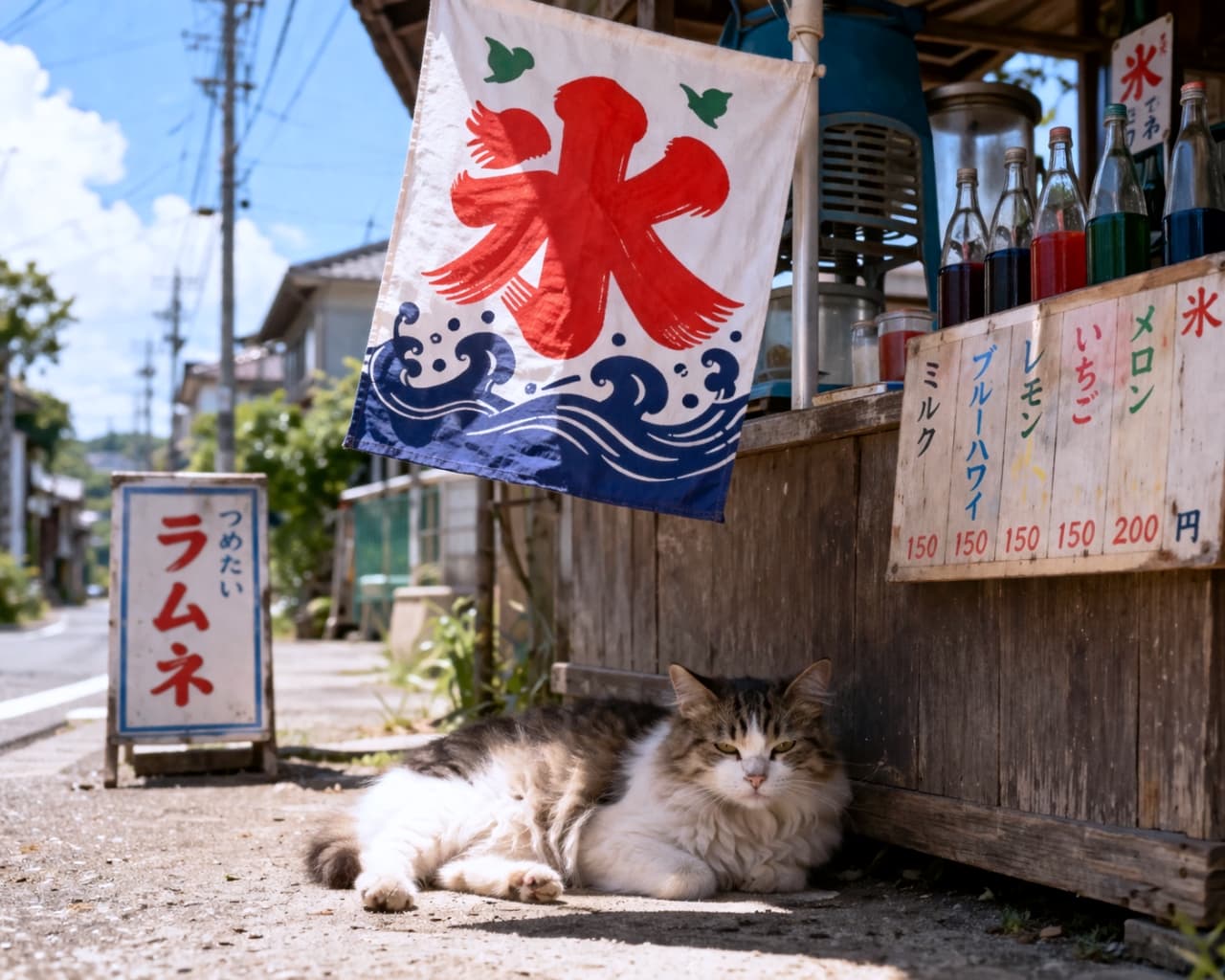 「いらっしゃいませニャ🐾冷たいかき氷とラムネはいかが？🍧🎐風鈴の音が聞こえてきそうな夏の1枚です✨」Ultra-realistic high-quality photograph of a fluffy tabby and white cat resting under a retro Japanese shaved ice stand, with a ramune sign and syrup bottles. 昭和レトロなかき氷屋の軒下で涼む長毛のキジ白猫。「つめたいラムネ」の看板や色鮮やかなシロップ瓶が並び、ノスタルジックな夏の情景が広がっている