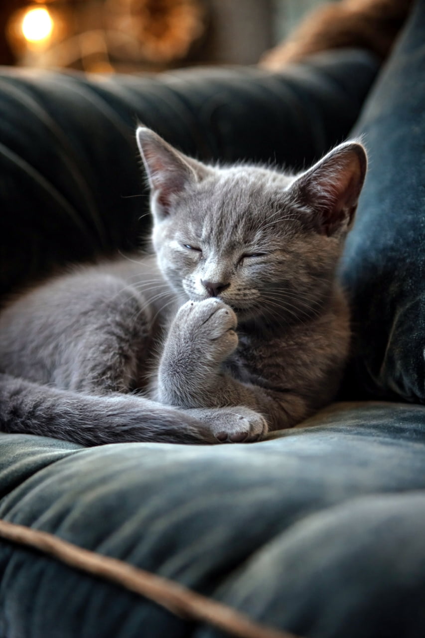 「夢の中でおっぱい飲んでるのかな？💤 ソファでウトウトちゅぱちゅぱするロシアンブルーちゃん🌙✨」Ultra-realistic high-quality photograph of a Russian Blue kitten sleeping comfortably on a chic velvet sofa while sucking its paw. シックなベルベット調のソファの上で目を閉じ、気持ちよさそうに前足をちゅぱちゅぱと吸いながら眠るロシアンブルーの子猫の高画質写真