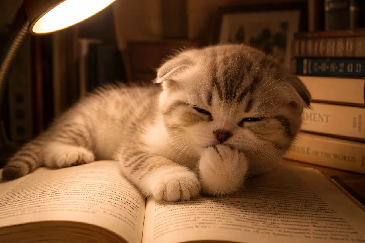 「読書の邪魔をする可愛い天使👼📖 暖かなランプの下でちゅぱちゅぱ…一緒に夜更かししよ?🌙 #スコティッシュフォールド #読書の秋 #子猫のいる暮らし #猫のいる幸せ #子猫のいる生活 #猫好きさんと繋がりたい #猫のいる暮らし #子猫」Ultra-realistic high-quality photograph of a folded-ear Scottish Fold (silver tabby) kitten lying on an open antique book under the warm glow of a desk lamp, sucking its paw. Its blissful closed eyes and the softly blurred bookshelves in the background create a quiet, intellectual, and cozy autumnal night atmosphere. 暖かなデスクランプの光の下、開かれたアンティークな洋書の上に寝そべりながら前足を吸う、耳の折れたスコティッシュフォールド(シルバータビー)の子猫の超高画質写真。うっとりと目を閉じた至福の表情と、背景にぼんやりと映る重厚な本棚が、静かで知的な秋の夜長の雰囲気を醸し出しています