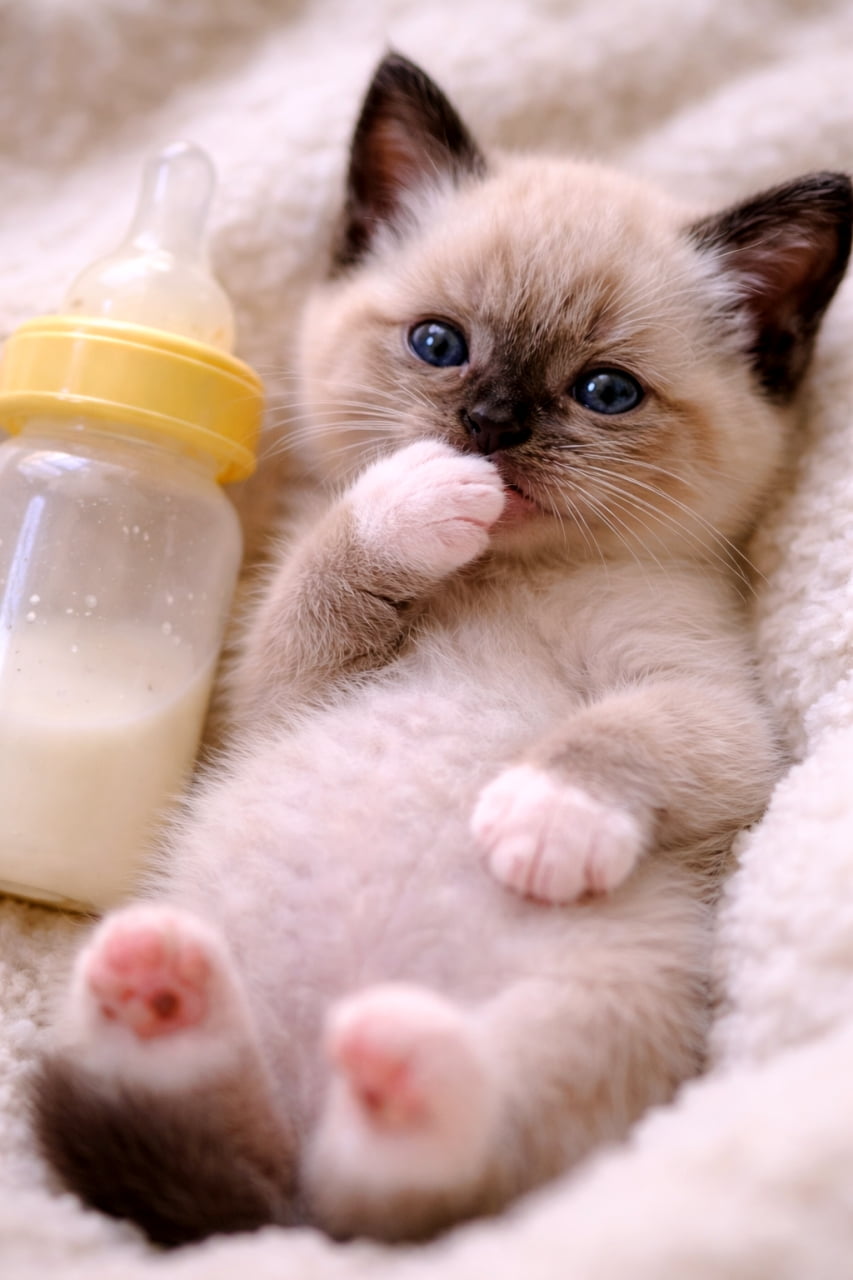 「ミルクでお腹いっぱい？🍼 ごろんとへそ天でちゅぱちゅぱする赤ちゃん猫の、至福のひととき☁️🐈」Ultra-realistic high-quality photograph of a Siamese kitten lying on its back next to a baby bottle on a fluffy white rug, sucking its paw. 白いふわふわのラグの上で仰向けになり、哺乳瓶の横で前足をちゅぱちゅぱと吸っているシャム子猫の高画質写真