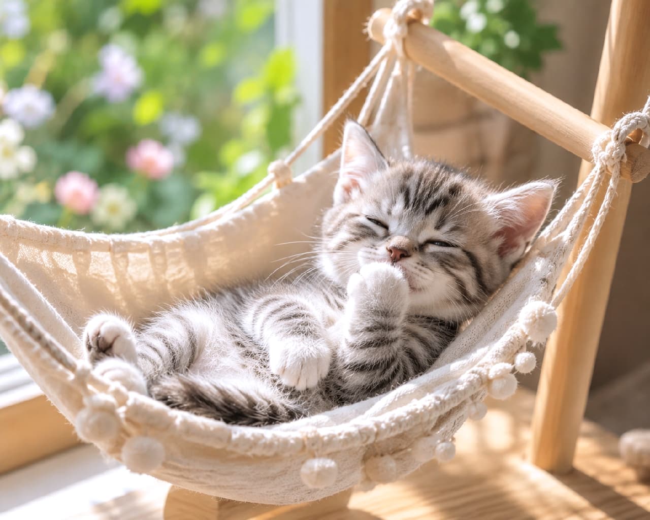 「ぽかぽか陽気の特等席☀️🌱 ハンモックに揺られながらのちゅぱちゅぱは至福の時間だね🎶 #ハンモック猫 #ひなたぼっこ #子猫のいる暮らし #猫のいる幸せ #子猫のいる生活 #猫好きさんと繋がりたい #子猫」Ultra-realistic high-quality photograph of a silver tabby kitten lying on its back in a small macrame hammock by a bright, sunny window, eyes narrowed as it sucks its paw. The blurred background features green houseplants and pink flowers, evoking a peaceful, relaxing weekend afternoon. 日差しが差し込む明るい窓辺に設置された、マクラメ編みの小さなハンモックの上で仰向けになり、目を細めて前足を吸っているシルバータビー(アメショ風)の子猫の超高画質写真。背景には緑の観葉植物と可憐なピンクの花がボケて写り、休日の穏やかな昼下がりを思わせるリラックスした空間