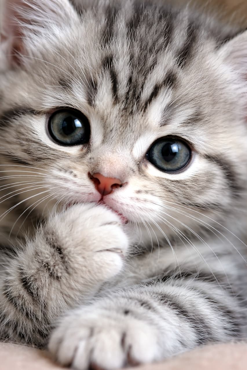 「じーっと見つめながらのちゅぱちゅぱは反則級🥺💖 透明感あふれる瞳に吸い込まれそう…！🐾✨」Ultra-realistic high-quality close-up photograph of a silver tabby kitten looking at the camera with large, expressive eyes while sucking its paw. 透明感のある大きな瞳でこちらをじっと見つめながら、前足をちゅぱちゅぱと吸っているシルバータビーの子猫の超リアルなクローズアップ写真