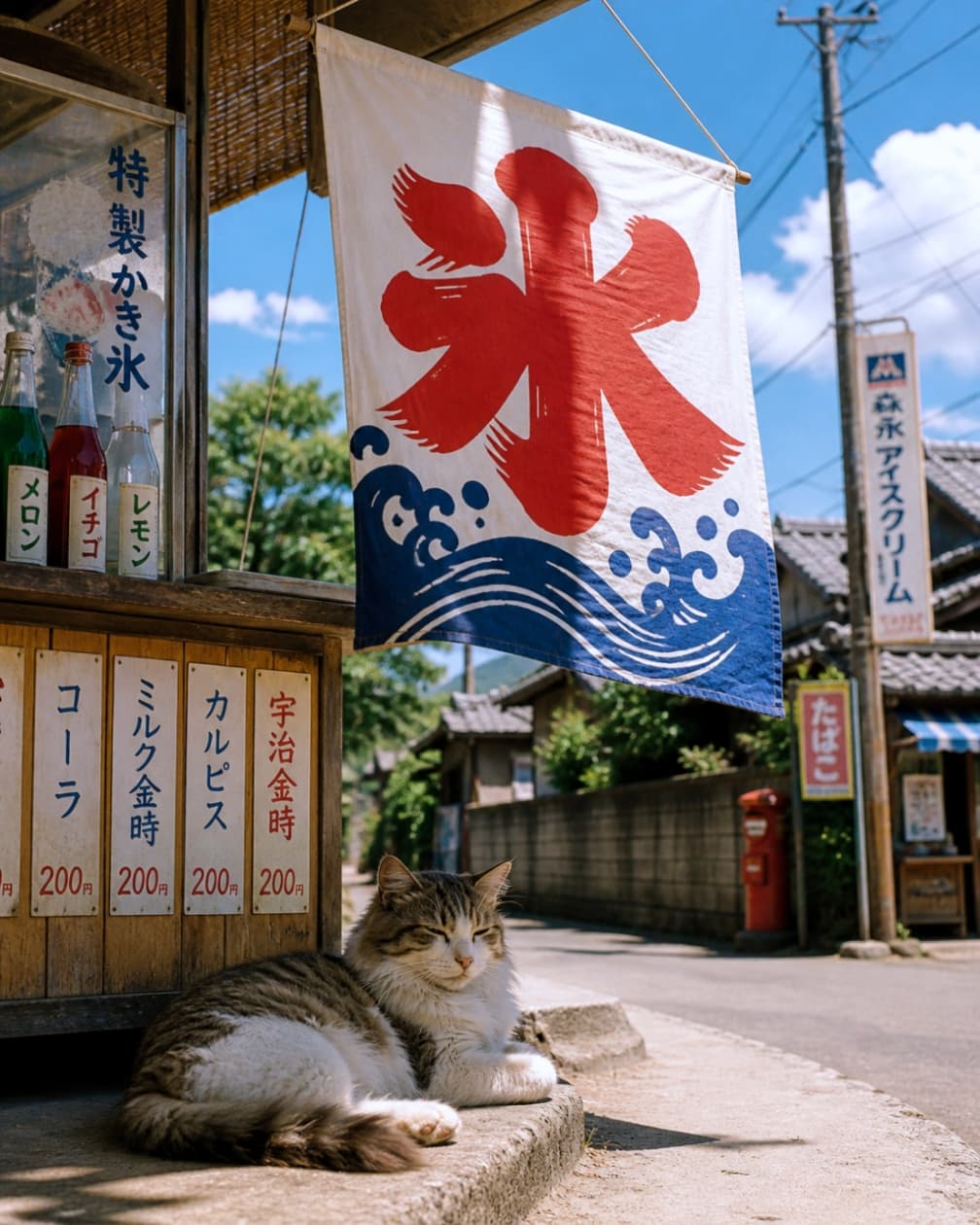 「暑い夏は日陰でお昼寝に限るニャ〜💤かき氷屋さんの店先でスヤスヤ眠る猫ちゃんに癒されます🍧🌻」Ultra-realistic high-quality photograph of a sleeping tabby and white cat resting under a traditional Japanese shaved ice banner on a sunny summer day. 夏の強い日差しの中、レトロなかき氷屋の店先で心地よさそうに眠るキジ白猫。頭上には大きく「氷」と書かれたためし旗が風に揺れている