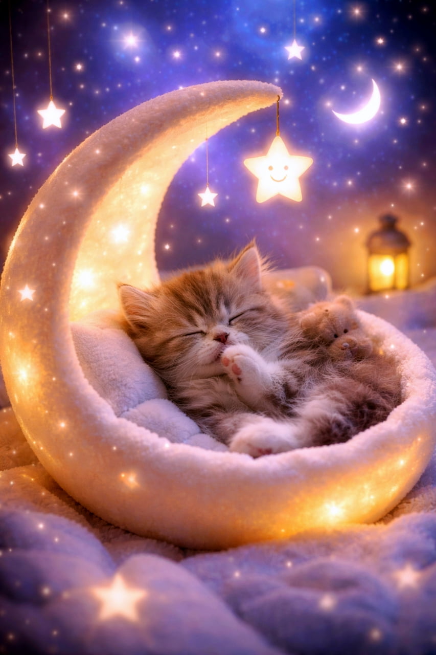「お星さまがいっぱいの夜空の下、三日月ベッドでスヤスヤ夢の中💤 どんな素敵な夢を見ているのかな？✨🌙」A tiny kitten peacefully sleeping inside a glowing crescent moon-shaped plush bed, accompanied by a small teddy bear, against a magical starry night background with hanging star lights. 光る三日月の形をしたふわふわのベッドで、小さなテディベアと一緒にスヤスヤと眠る子猫。背景には魔法のような星空と星型のライトが輝いています