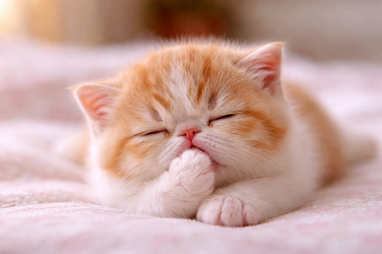 「ふわふわ毛布の上で夢の中へ☁️ おててをチュパチュパしてるのかな？可愛すぎる〜🥰」A sweet orange and white flat-faced kitten fast asleep on a soft pink patterned blanket, curled up and resting its mouth playfully on its soft white paw. 柔らかいピンク色の柄の毛布の上で丸くなり、ふかふかの白い前足に口元をあててぐっすりと眠っている、オレンジと白の毛色の愛らしい鼻ぺちゃ子猫