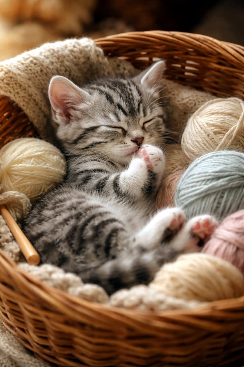 「毛糸玉のベッドでスヤスヤ🧶 柔らかくてポカポカ、ここが僕の最高の特等席だにゃ〜😴💖」A small American Shorthair kitten sleeping peacefully curled up inside a wicker basket filled with various pastel-colored yarn balls and a soft knitted blanket, holding its paws near its face. パステルカラーの様々な毛糸玉と柔らかいニットのブランケットが入った籐のバスケットの中で、前足を顔の近くで合わせて丸くなり、安らかに眠っている小さなアメリカンショートヘアの子猫