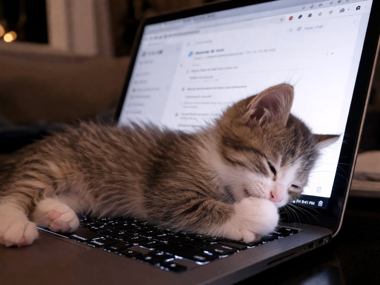 「パソコンの上でスヤスヤ…💤 今日もお仕事お疲れ様にゃん！ #猫の寝顔 #夜更かし」Ultra-realistic high-quality photograph of a sleepy kitten totally asleep on a laptop keyboard late at night, with a browser and chat screen visible in the background. 夜、ノートパソコンのキーボードの上で完全に眠ってしまった子猫。画面にはチャットやブラウザの画面が開かれている