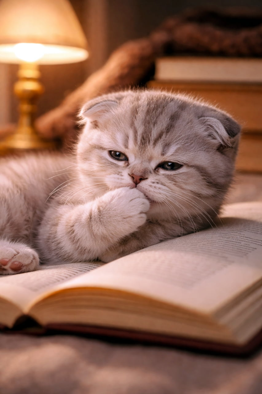 「本の上でうとうと💤 おててをお口に当てて、どんな素敵な夢を見ているのかな？📖✨」A cute Scottish Fold kitten with grey striped fur lying on an open book, gently touching its mouth with a paw, illuminated by a warm lamp light in a cozy room. 暖かいランプの光に照らされた居心地の良い部屋で、開いた本の上に横たわり、前足を口元にそっと当てている、グレーの縞模様の毛並みを持つ可愛らしいスコティッシュフォールドの子猫