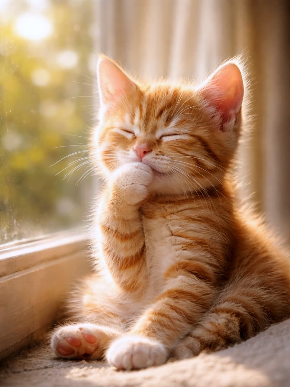 「おひさまの光をたっぷり浴びてニッコリ☀️ ぽかぽか陽気でとってもご機嫌だね🐾😊」An adorable ginger tabby kitten sitting by a window bathed in bright, warm sunlight, with its eyes closed and a paw near its mouth, looking as if it is smiling contentedly. 明るく暖かい日差しを浴びる窓辺に座り、目を閉じて前足を口元に添え、まるで満足げに微笑んでいるかのように見える、愛らしい茶トラの子猫