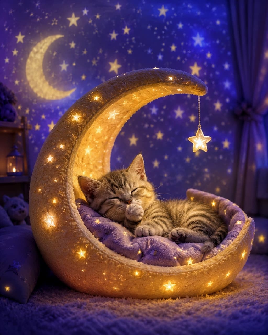 「お月様のベッドでどんな夢を見てるのかな?🌙💤 おててちゅぱちゅぱの魔法で、みんなも素敵な夜を✨ #キジトラ #おやすみ #子猫のいる暮らし #猫のいる幸せ #子猫のいる生活 #猫好きさんと繋がりたい #猫のいる暮らし #子猫」Ultra-realistic high-quality photograph of a brown tabby kitten sleeping peacefully in a plush, crescent moon-shaped bed illuminated by warm fairy lights, sucking its paw. The background features a magical, starry night sky projection, creating a romantic and comforting fairy-tale atmosphere. キジトラの子猫が、フェアリーライトで優しく光る三日月型のふかふかなベッドの中で、前足をちゅぱちゅぱと吸いながらスヤスヤと眠っている超高画質写真。背景には幻想的な青い星空がプロジェクターで投影されており、まるでおとぎ話のワンシーンのようなロマンチックで安心感に満ちた情景