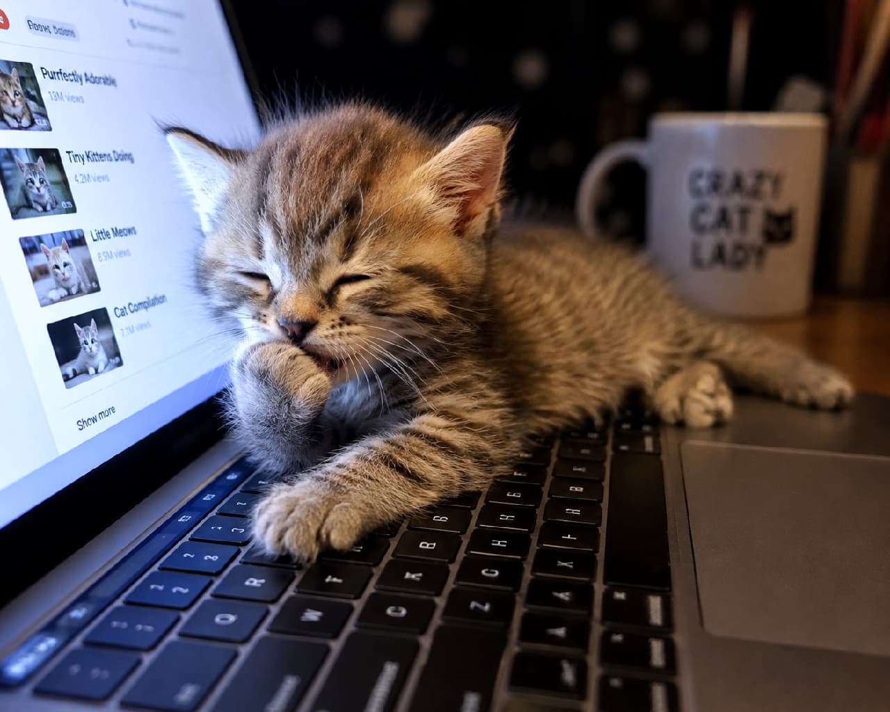 「お仕事はもう終わり!💻🚫 一生懸命お手伝い(?)してたら寝落ちしちゃったにゃんこに免じて許してね🌙 #猫あるある #テレワーク #子猫のいる暮らし #猫のいる幸せ #子猫のいる生活 #猫好きさんと繋がりたい #子猫」Ultra-realistic high-quality photograph of a brown tabby kitten sleeping and sucking its paw on a glowing laptop keyboard in a dark room. The screen displays a cat video site, and a mug reading "CRAZY CAT LADY" sits in the background, perfectly capturing a realistic late-night desk scene of a cat lover. 暗い部屋の中、光るノートパソコンのキーボードの上に寝そべり、前足を吸いながら幸せそうに寝落ちしているキジトラ子猫の超高画質写真。画面には猫の動画サイトが映り、背景には「CRAZY CAT LADY」と書かれたマグカップが置かれており、猫好きのリアルな深夜のデスク周りが表現されています