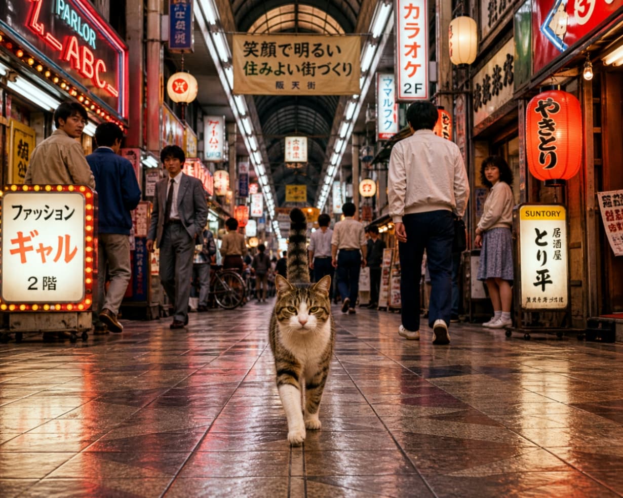 「商店街の人気者のお通りニャ🐾提灯が灯る活気ある通りを、しっぽを立ててご機嫌に歩く猫ちゃんが可愛い🏮✨」Ultra-realistic high-quality photograph of a tabby cat walking towards the camera in a bustling retro Japanese covered shopping arcade with glowing lanterns and signs. 提灯や昭和風の看板が並ぶレトロなアーケード商店街。行き交う人々を背景に、キジトラ猫がカメラに向かってまっすぐ歩いてくる