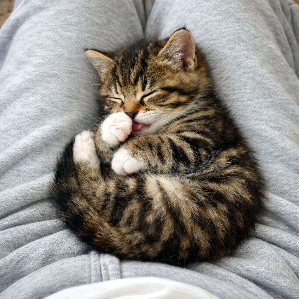「お膝の上でまん丸になってお昼寝中🐾 暖かくて安心する場所を見つけて、とっても幸せそうなお顔だね😊」A cute tabby kitten curled up into a ball and sleeping peacefully on a person's lap dressed in grey sweatpants, with its paw held close to its face. グレーのスウェットを履いた人の膝の上で、体を丸めて前足を顔の近くに寄せながら、スヤスヤと平和に眠っているキジトラの子猫