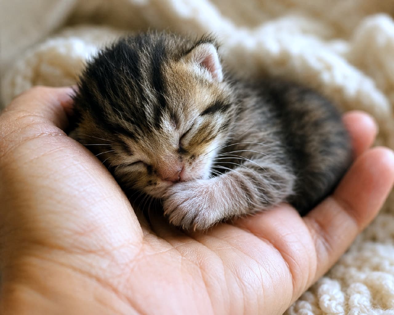 「手のひらサイズの小さな命🌱✨ 温もりの中で安心しておててちゅぱちゅぱ…尊すぎて言葉が出ない🥺 #保護猫 #子猫の成長 #子猫のいる暮らし #猫のいる幸せ #子猫のいる生活 #猫好きさんと繋がりたい #子猫」Ultra-realistic high-quality photograph of an incredibly tiny newborn tabby kitten sleeping completely curled up entirely within a human palm, gently sucking its miniature paw. The beige knit blanket in the background adds warmth to this touching scene, conveying the preciousness of life and ultimate trust. まだ目も開いたばかりのような極小サイズのキジトラの子猫が、人間の温かい手のひらの中にすっぽりと収まり、丸まって極小の肉球を吸いながら眠っている超高画質写真。背景の生成り色のニットブランケットが温かみを添え、生命の尊さと究極の信頼関係を感じさせる感動的な情景