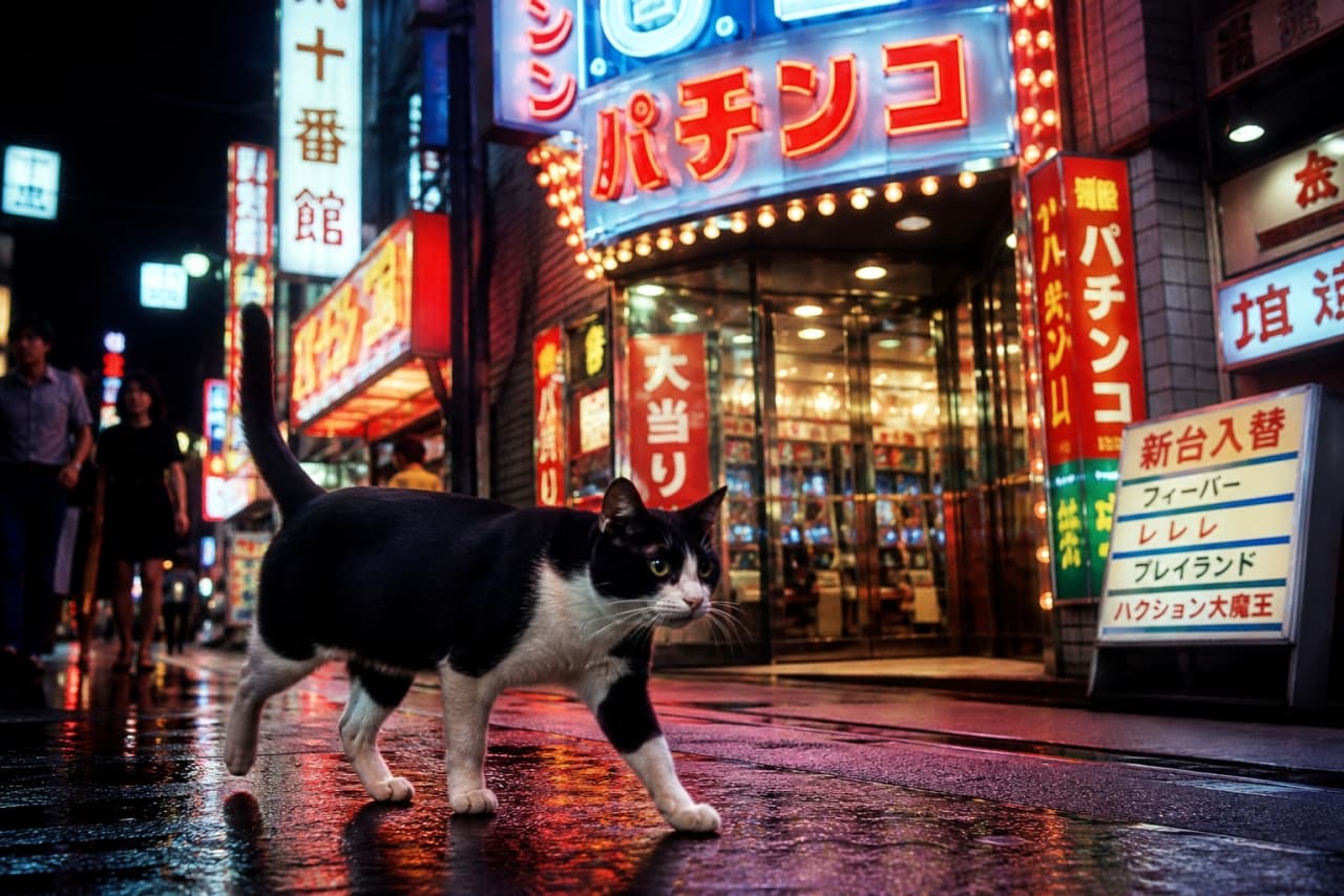 「夜のパトロールに出発ニャ！🐾雨上がりのネオン街をクールに歩くハチワレ猫ちゃん。映画のワンシーンみたい🎬✨」Ultra-realistic high-quality photograph of a black and white tuxedo cat walking confidently on a wet, neon-lit street at night with a pachinko parlor in the background. 雨上がりの濡れた路面にネオンサインが反射する夜の繁華街。パチンコ店の鮮やかな灯りを背景に、1匹のハチワレ猫が堂々と歩いている