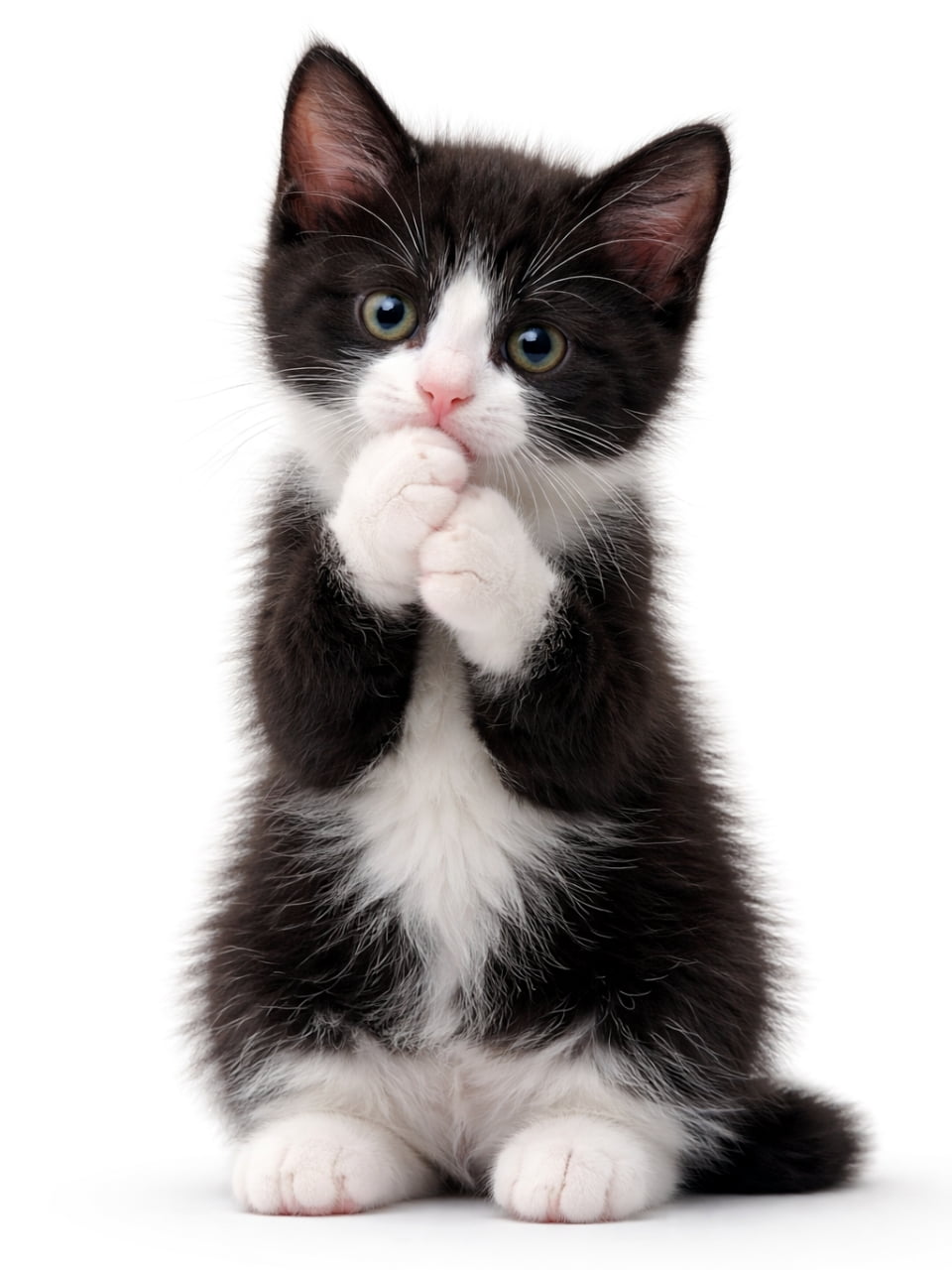 「おててをぎゅっと合わせておすましポーズ🎀 まるで何かをおねだりしてるみたいでキュン💕」A fluffy black and white tuxedo kitten sitting upright against a plain white background, holding both front paws together right in front of its mouth and looking adorable. 無地の白い背景の前にきちんとお座りをして、両方の前足を口のすぐ前で揃えて合わせ、とても愛らしい表情を見せているふわふわの黒白タキシード子猫