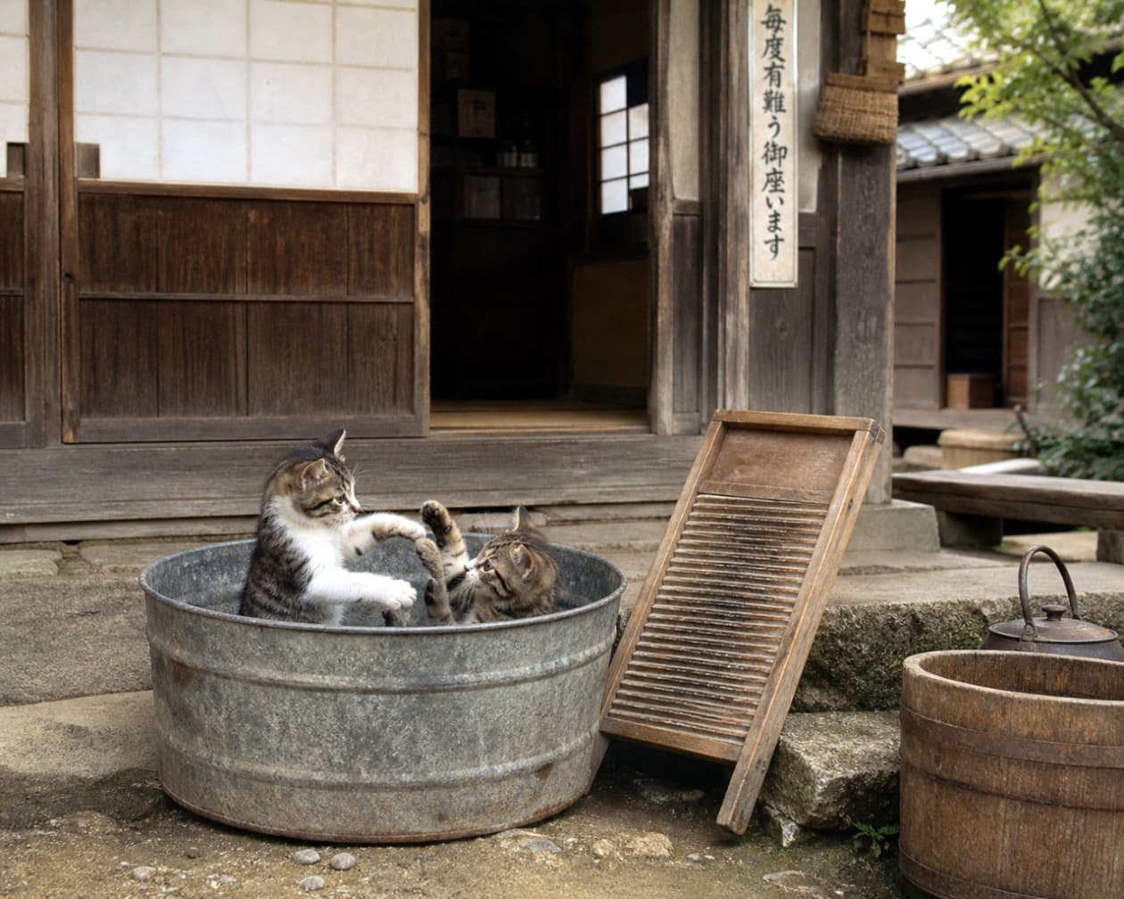 「タライの中で元気いっぱいプロレスごっこ！🐾💥 昭和レトロな風景に癒される〜🍵 #子猫 #古民家」Ultra-realistic high-quality photograph of two cute kittens playing inside a galvanized metal tub in front of a traditional Japanese house, next to a wooden washboard. 日本の伝統的な古民家の庭先で、トタンのタライの中に入って無邪気にじゃれ合う2匹の子猫（キジトラとキジ白）。傍らには木製の洗濯板と桶が置かれている