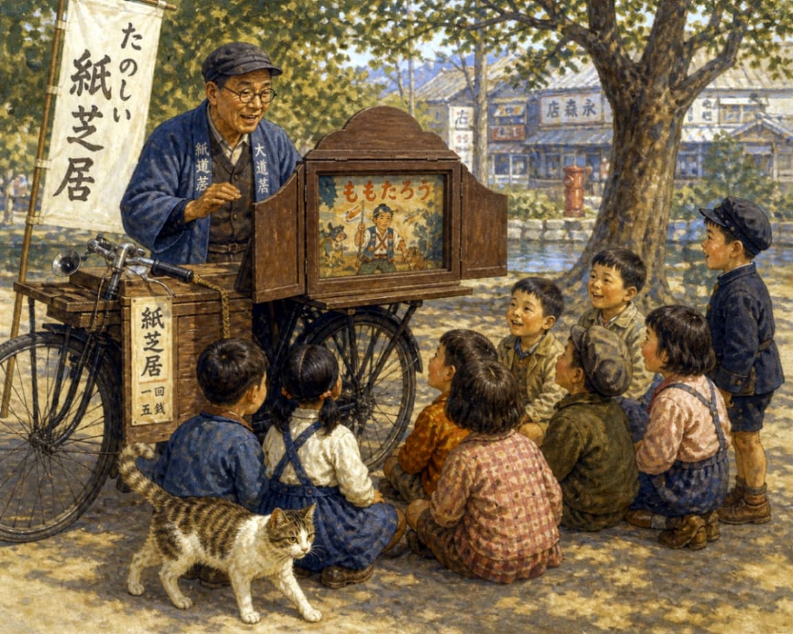 「ワクワクの紙芝居の時間ニャ！📖子どもたちの真剣な眼差しと、それを見守る猫ちゃんが微笑ましい昭和の風景🌸」Ultra-realistic high-quality photograph of a tabby and white cat walking in front of children watching a traditional Japanese kamishibai storyteller in a park. 昭和の公園で街頭紙芝居を楽しむ子どもたちと、熱演するおじさん。その手前を、興味深そうに歩くキジ白猫が描かれた温かい情景