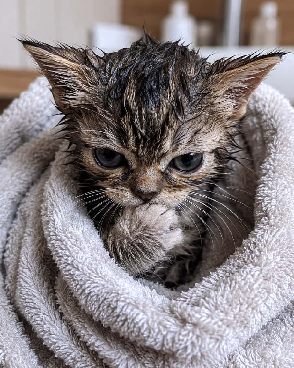「お風呂は嫌だったにゃ…😾 タオルにくるまっておててちゅぱちゅぱで心を落ち着かせ中🛁💦 #お風呂猫 #キジトラ #子猫のいる暮らし #猫のいる幸せ #子猫のいる生活 #猫好きさんと繋がりたい #猫のいる暮らし #子猫」Ultra-realistic high-quality photograph of a wet kitten wrapped tightly in a thick grey towel after a bath, sucking its paw with slightly grumpy large eyes. The gently blurred bathroom bottles in the background add context to this adorable contrast of a disgruntled expression and soothing behavior. お風呂上がりで被毛が濡れてツンツンになったエキゾチックショートヘア風の子猫が、グレーの厚手タオルにすっぽりと包まれ、少し不満げな大きな瞳で前足を吸っている超高画質写真。背景にはうっすらとバスルームのボトル類がぼけて写っており、不機嫌そうな表情とちゅぱちゅぱのギャップが愛らしい一枚