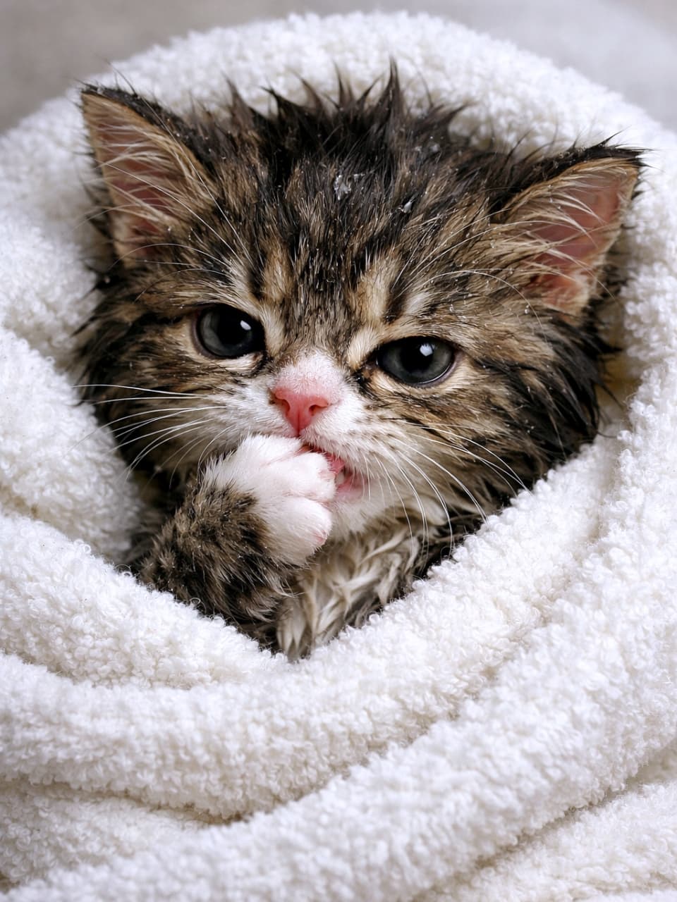 「お風呂頑張ったニャ🐾 タオルにくるまる濡れ髪（毛？）子猫ちゃんが愛おしすぎます🥺🧴✨」Ultra-realistic high-quality photograph of a wet tabby and white kitten wrapped snugly in a fluffy white towel, licking its paw with large, expressive eyes. 白いフカフカのタオルにすっぽりと包まれ、濡れた毛で前足を舐めているキジ白の子猫。大きな瞳が印象的な、リアルな高画質写真