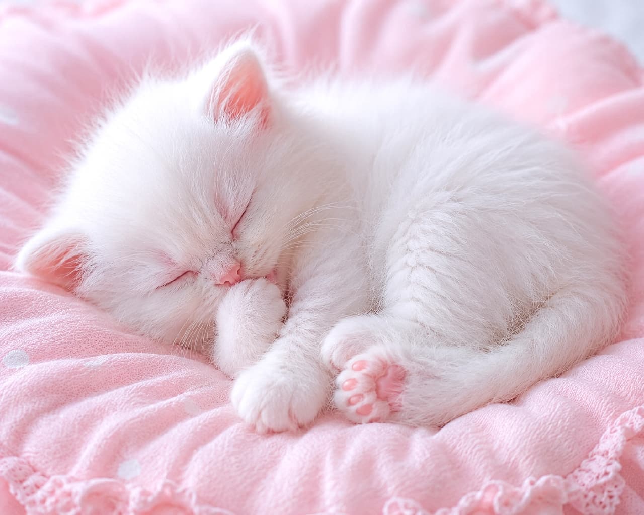 「まるで天使👼💕ふかふかのピンクッションで、夢の中までミルクタイムな白猫ちゃん🍼✨ #子猫 #白猫 #癒し」Ultra-realistic high-quality photograph of a pure white long-haired kitten, likely a Persian mix, sleeping curled up on a soft pink polka-dot cushion with lace trim. The kitten is peacefully sucking its right paw with eyes tightly shut, revealing adorable pink toe beans. The soft, bright natural lighting enhances the kitten's pure and innocent aura. ピンク色のドット柄とレースがあしらわれた柔らかなクッションの上で、丸くなって眠るペルシャ系長毛種の真っ白な子猫。目をきゅっと閉じて安心しきった表情で右の前足をちゅぱちゅぱと吸っており、ピンク色の可愛らしい肉球が覗いています。全体を包み込むようなふんわりとした明るい自然光が、子猫の純真無垢な雰囲気を引き立てています