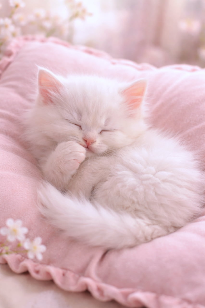 「ピンクのふわふわで夢心地☁️🌸 寝ながらちゅぱちゅぱが止まらない、天使のような白猫ちゃんです👼💤」Ultra-realistic high-quality photograph of a pure white kitten sleeping curled up on a fluffy pink ruffled cushion, sucking its paw. ふかふかのピンク色のフリル付きクッションの上で丸くなり、目を閉じて前足をちゅぱちゅぱと吸いながら眠っている純白の子猫の高画質写真