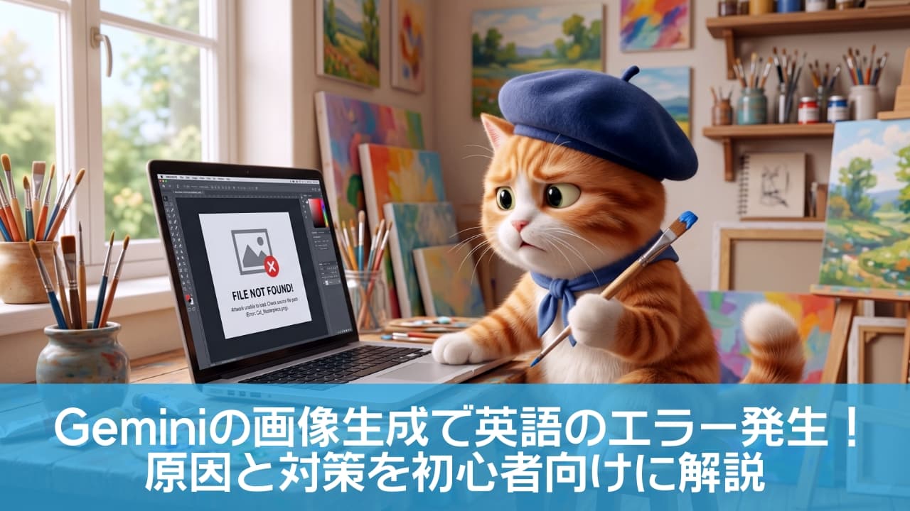「せっかくの作品データがにゃい！？🙀💦 困り顔の画伯猫ちゃん、どんまい…！🎨💻 #猫イラスト #エラー #あるある」High-quality 3D animated style illustration of a cute orange tabby cat wearing a blue beret and holding a paintbrush, looking puzzled at a laptop screen displaying a "FILE NOT FOUND!" error. Set in a bright, cozy art studio. 明るいアトリエで、青いベレー帽を被り絵筆を持った茶トラ猫のキャラクターが、ノートパソコンの画面を見て困惑している様子を描いた3Dアニメーション風の高画質イラスト。画面には「FILE NOT FOUND!」のエラーとリンク切れのアイコンが表示されている